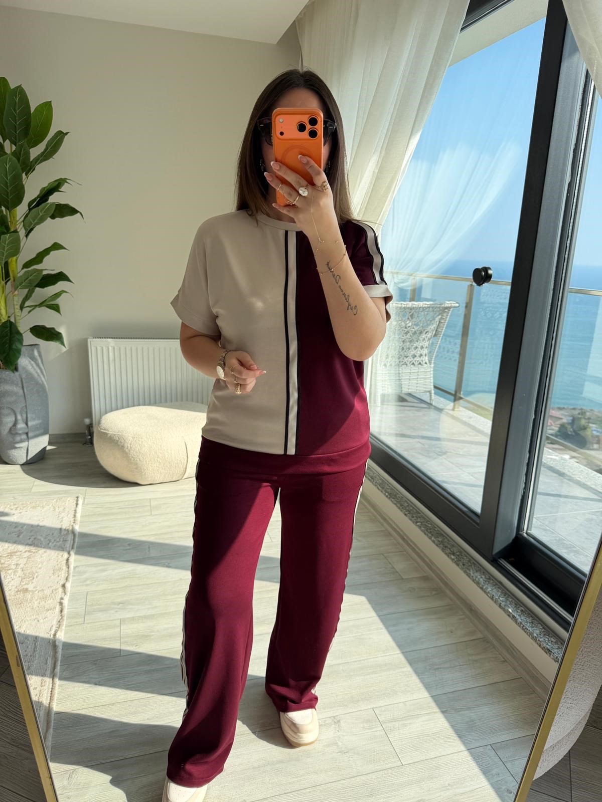 2402 Kısa Kollu Garnili Omuz Detay Takım BORDO