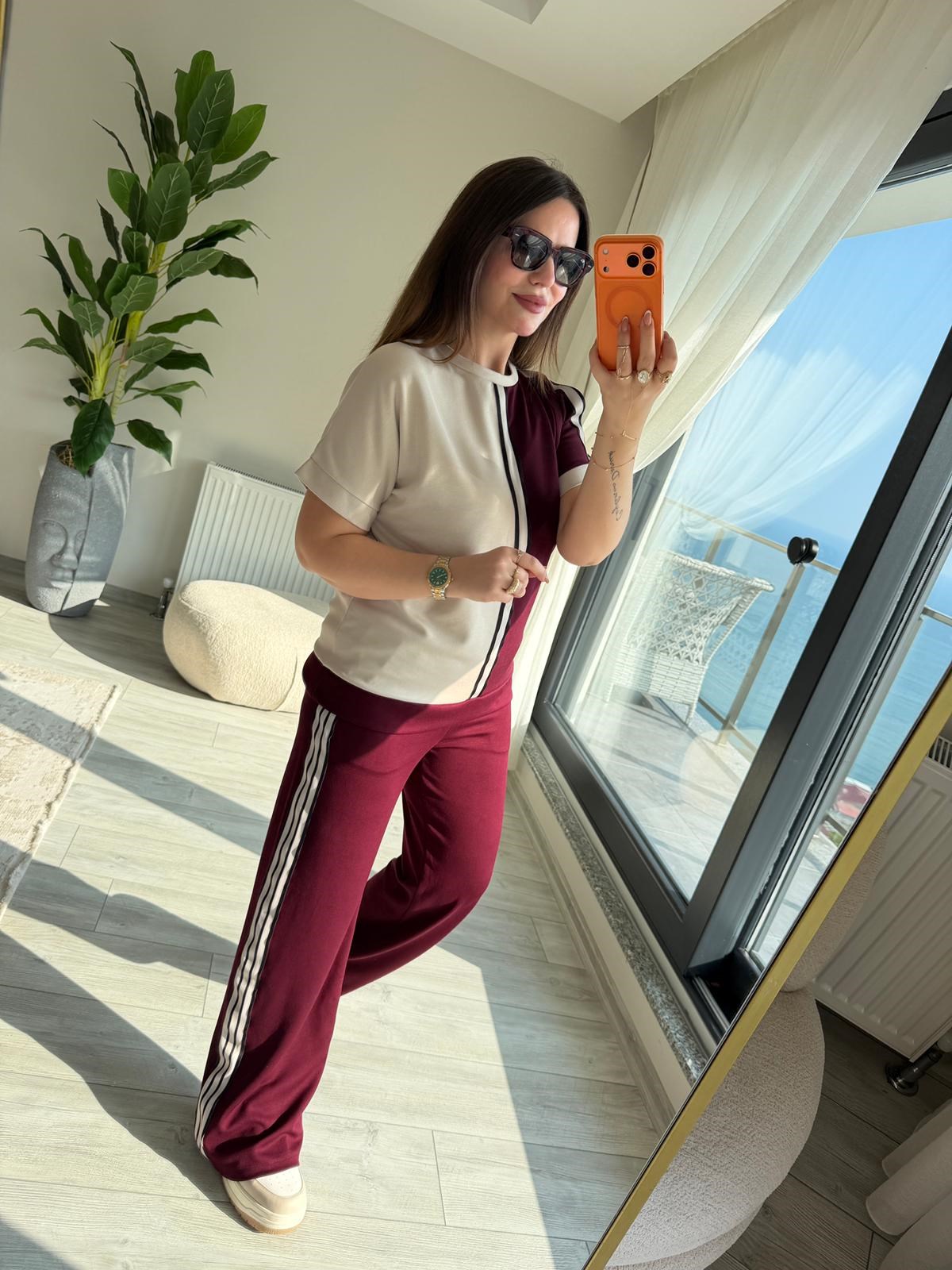 2402 Kısa Kollu Garnili Omuz Detay Takım BORDO
