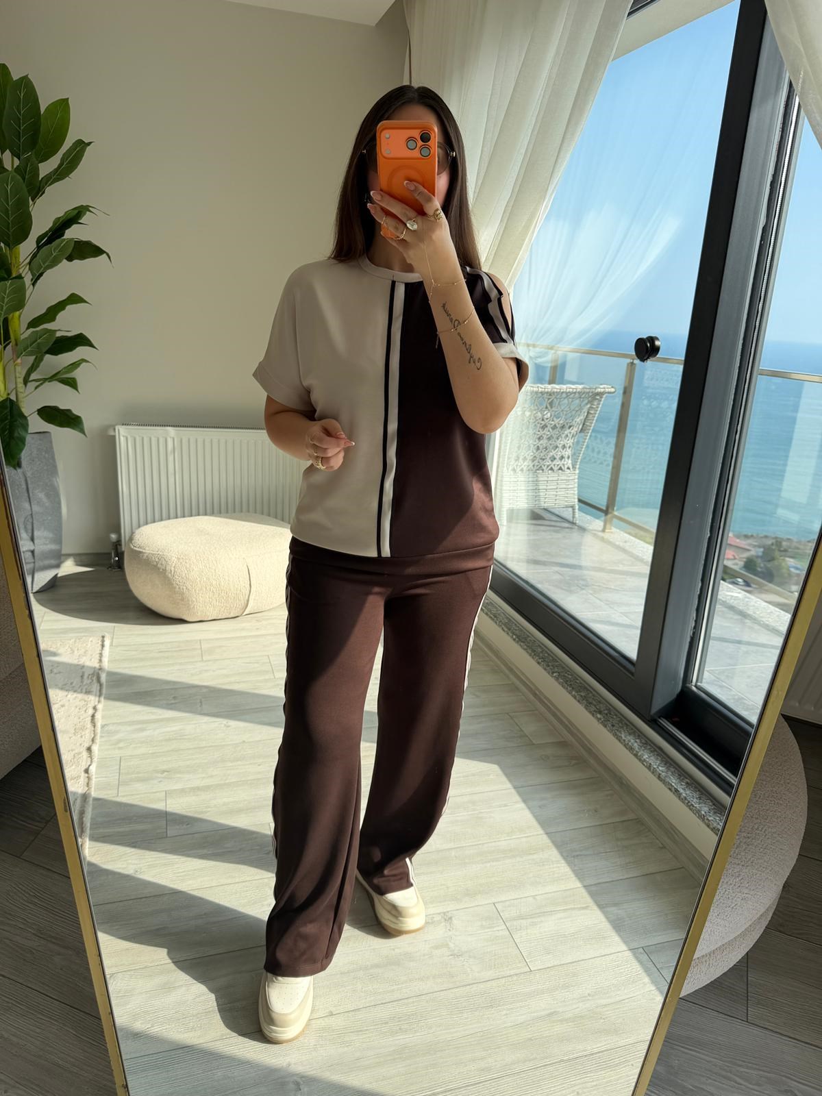 2402 Kısa Kollu Garnili Omuz Detay Takım KAHVE