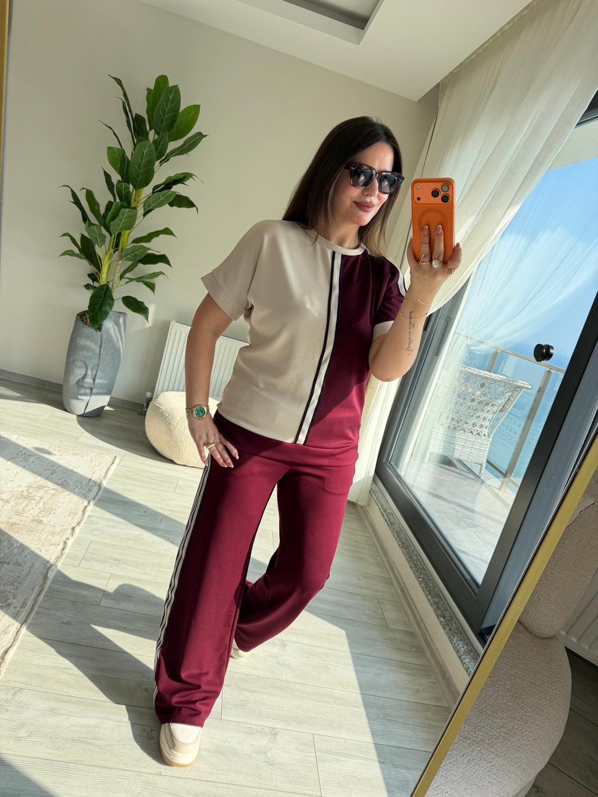 2402 Kısa Kollu Garnili Omuz Detay Takım BORDO