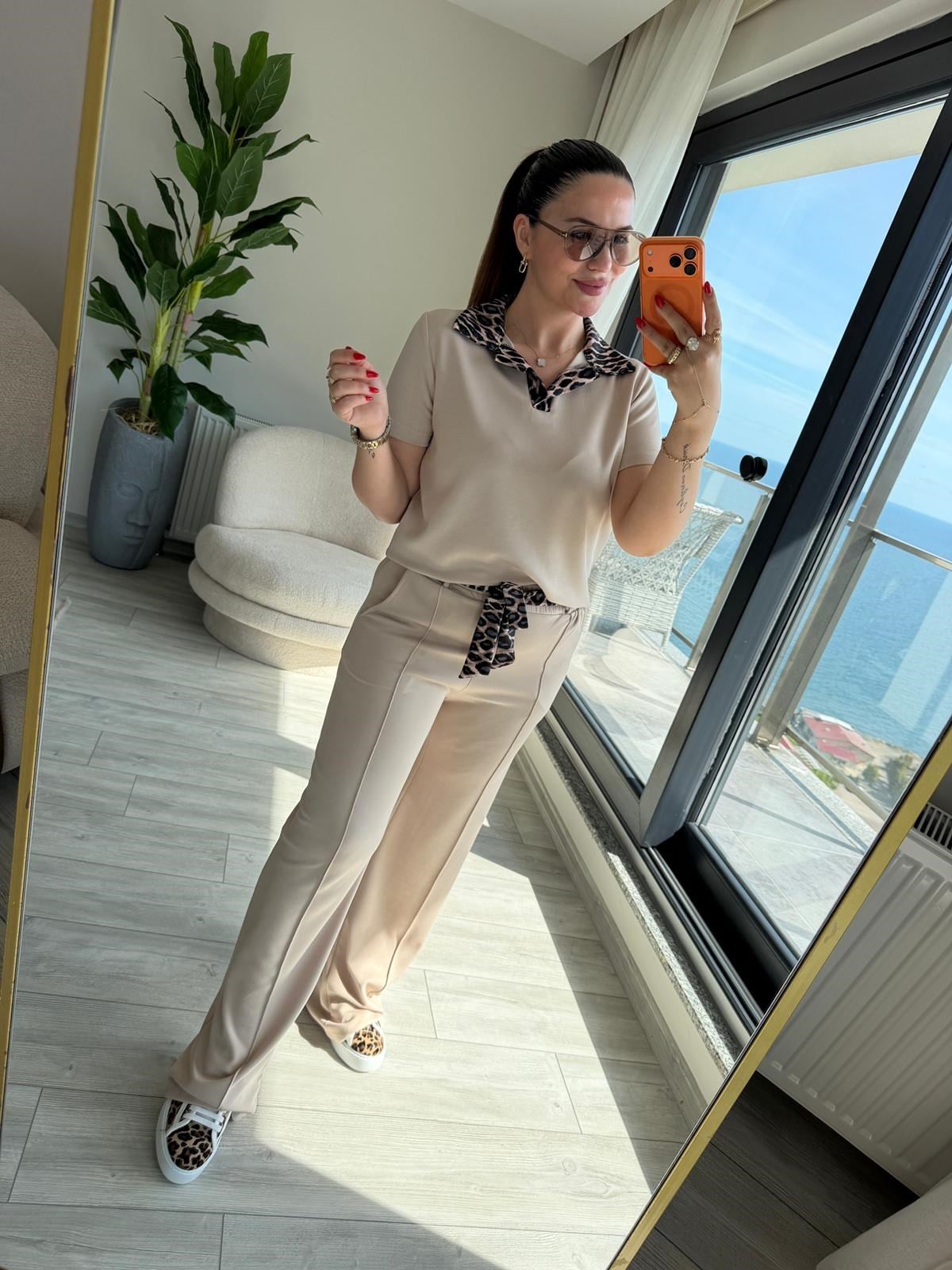 2414 Leopar Garnili Polo Yaka Takım BEJ