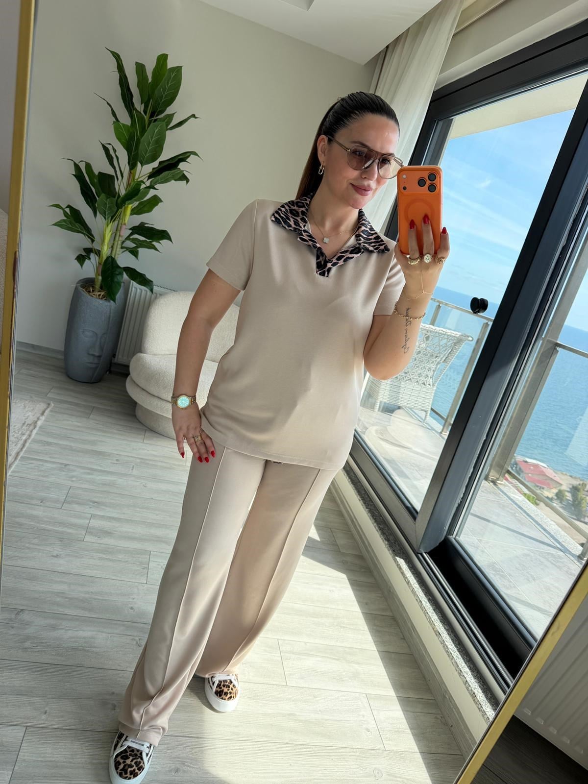 2414 Leopar Garnili Polo Yaka Takım BEJ