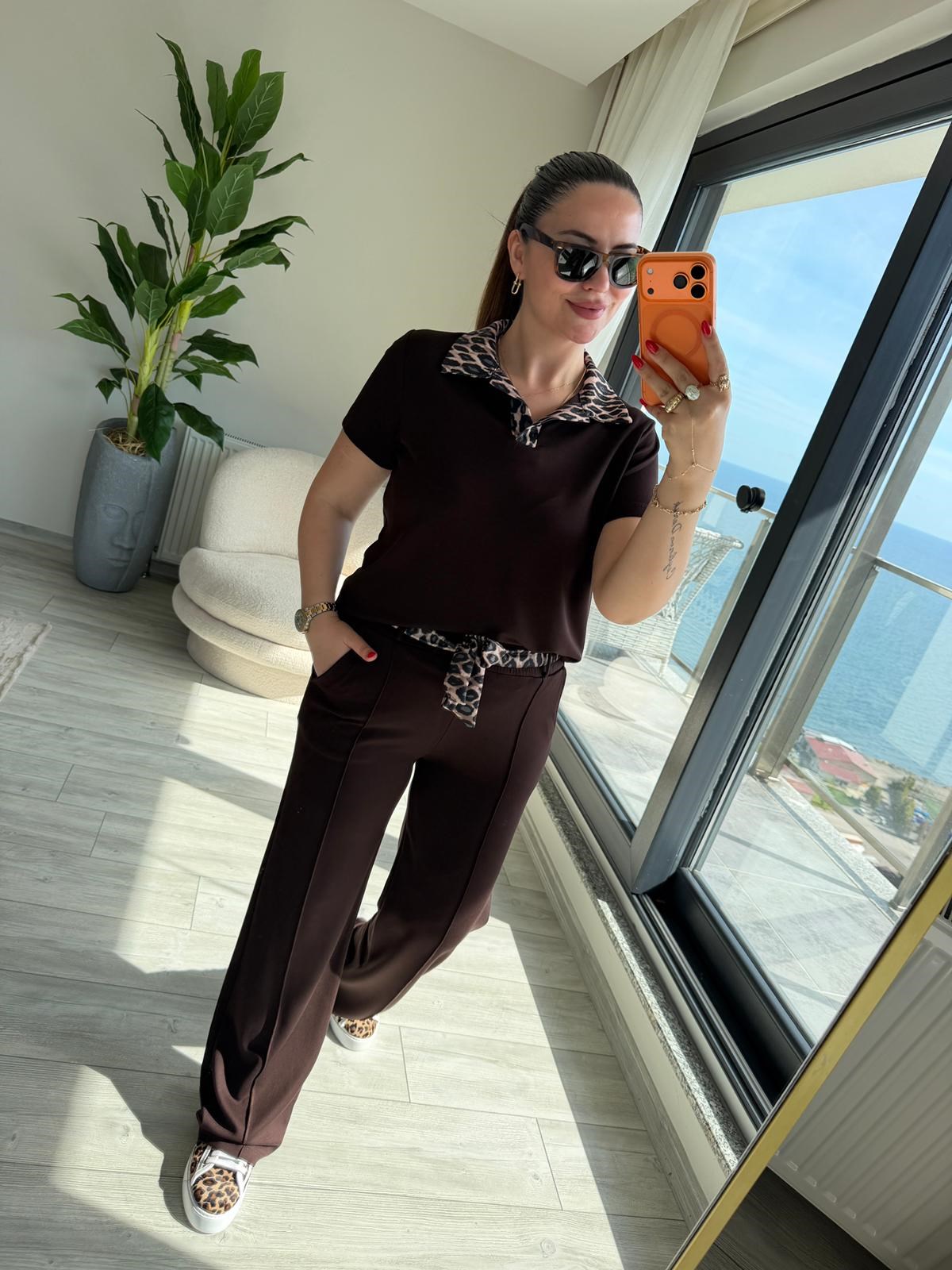 2414 Leopar Garnili Polo Yaka Takım KAHVE