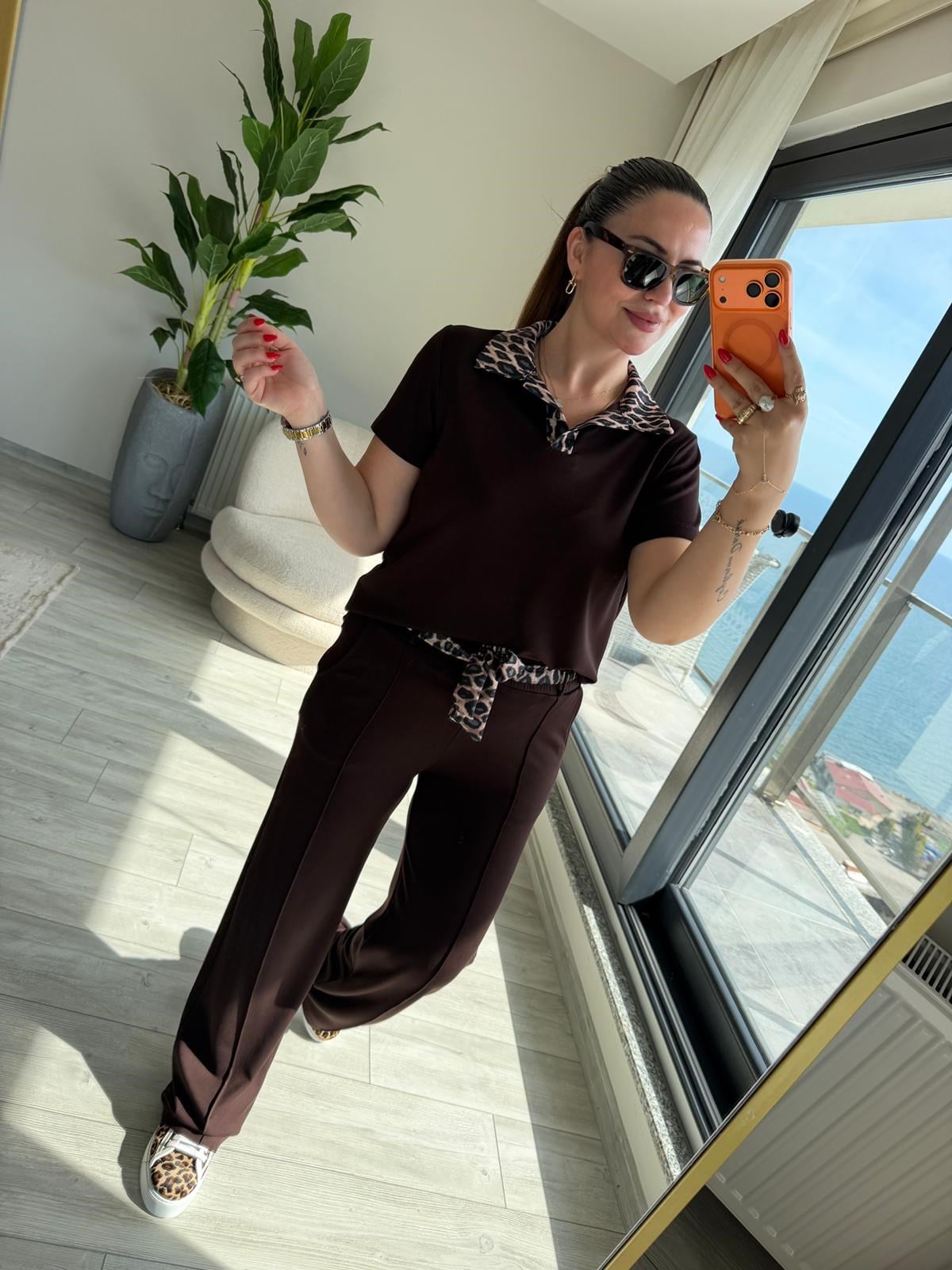 2414 Leopar Garnili Polo Yaka Takım KAHVE