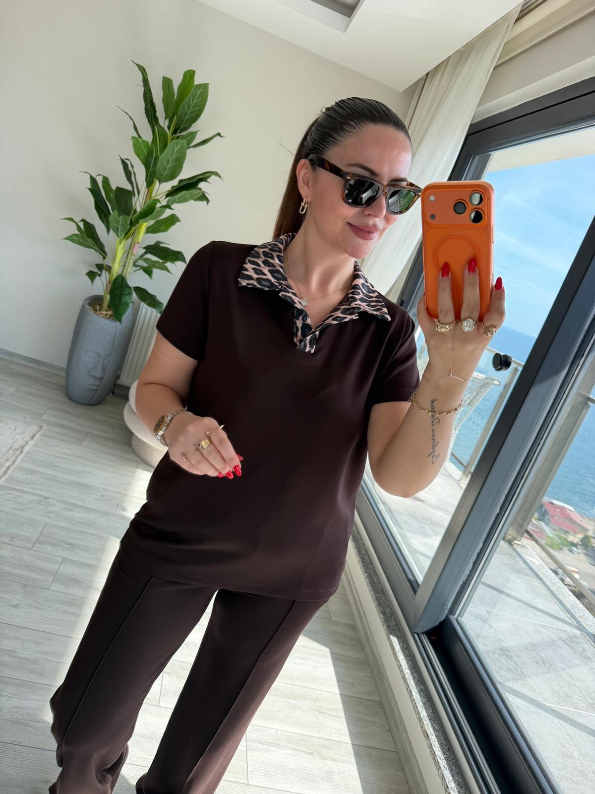 2414 Leopar Garnili Polo Yaka Takım KAHVE