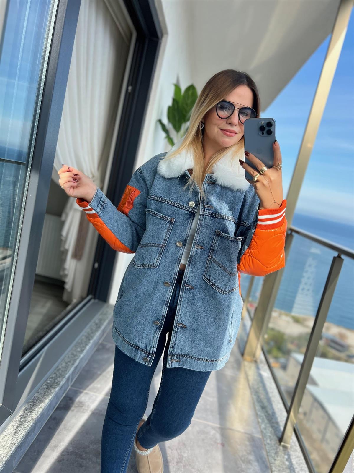 2421 Kot Kapitone Mix Ceket TURUNCU
