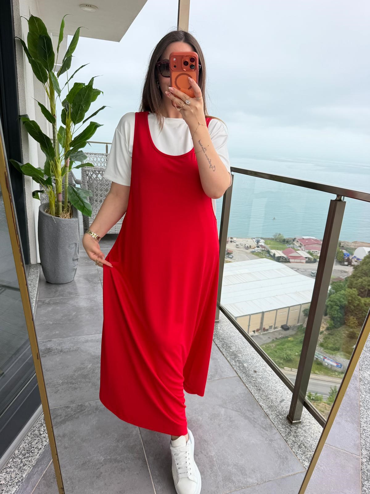 2435 Salopet Elbise Tshirt Takım KIRMIZI