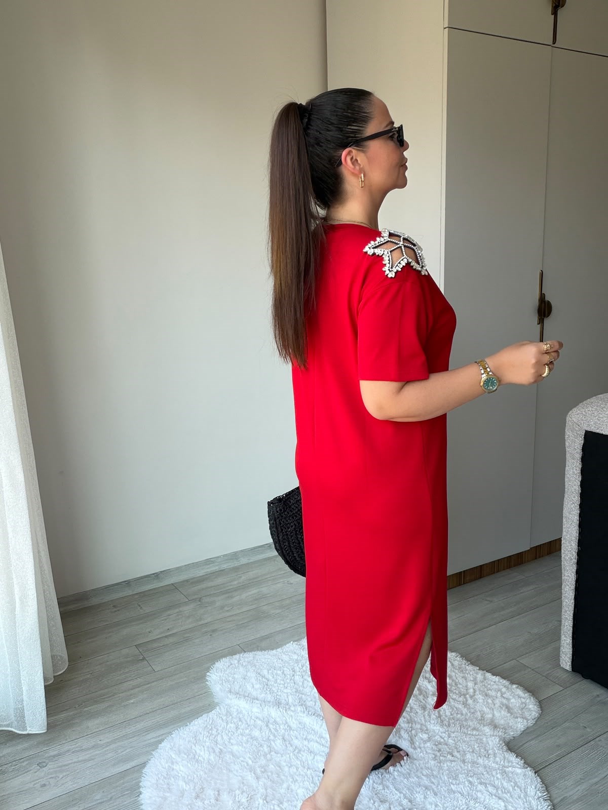 2441 Yıldız Taşlı Elbise KIRMIZI