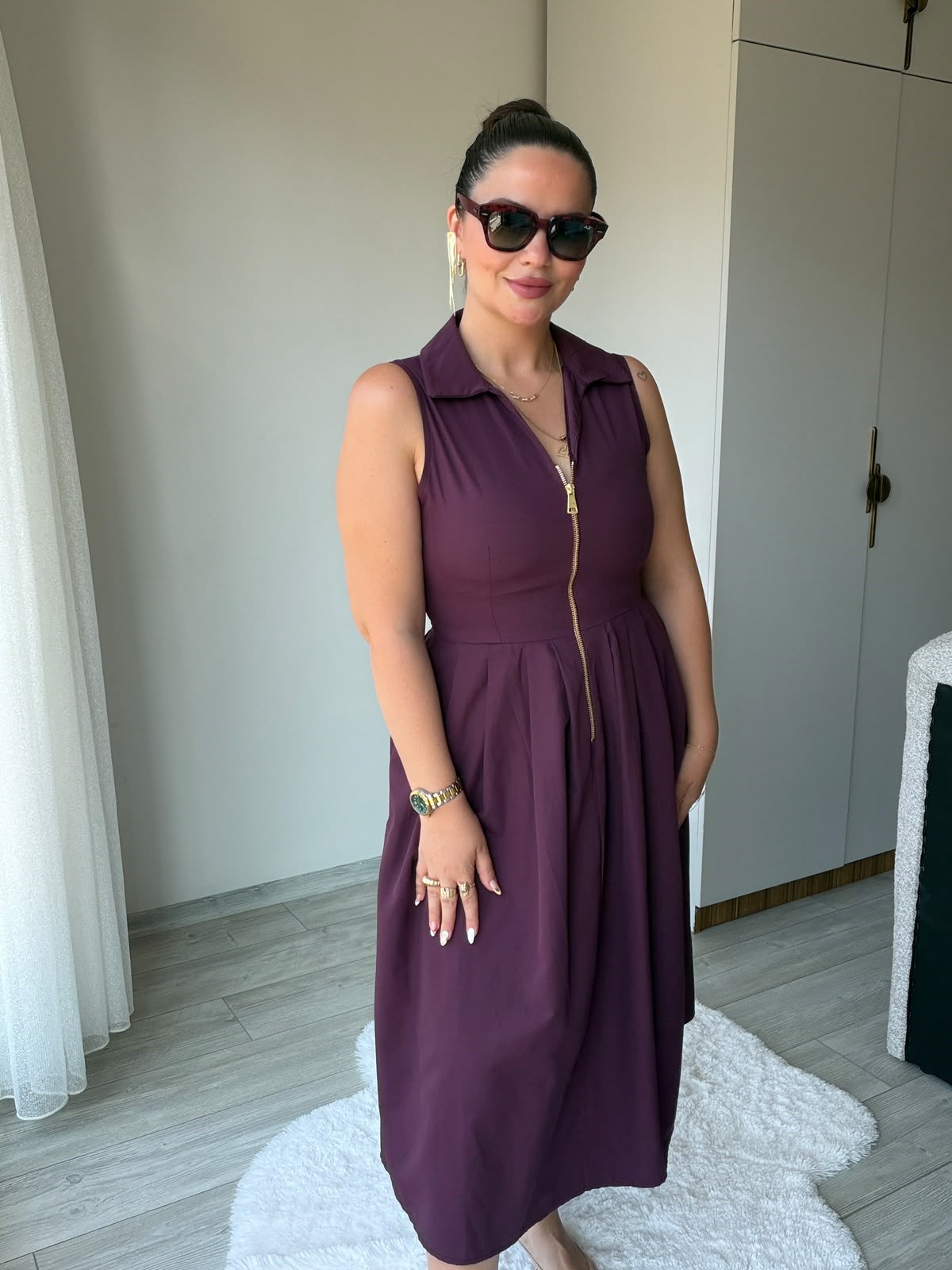 2452 Poplin Fermuarlı Elbise BORDO