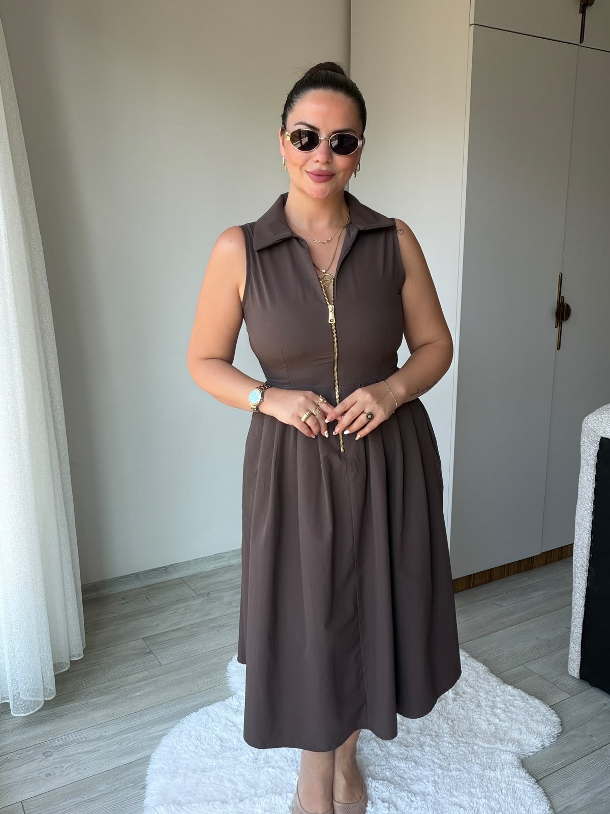 2452 Poplin Fermuarlı Elbise KAHVE