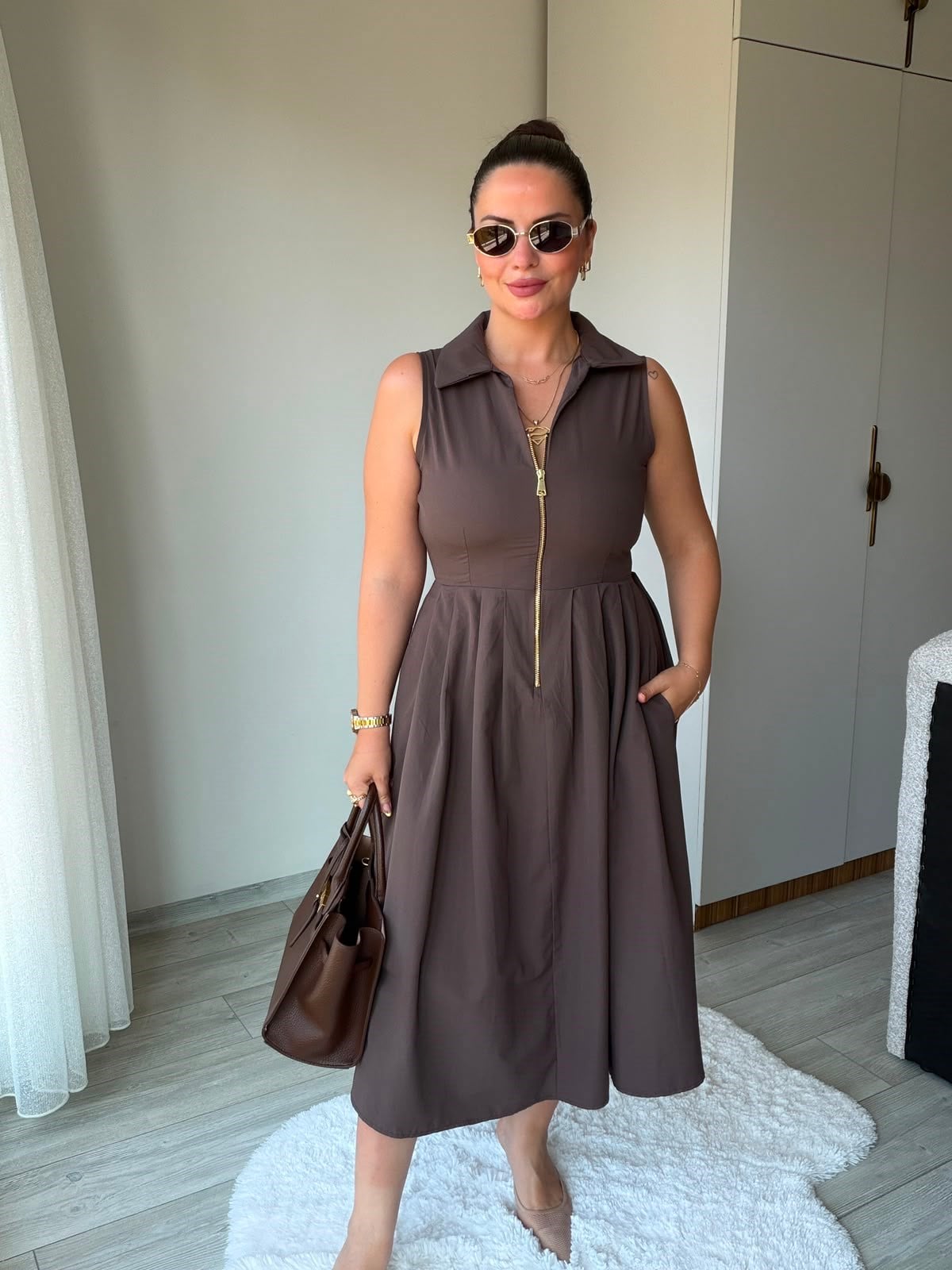 2452 Poplin Fermuarlı Elbise KAHVE