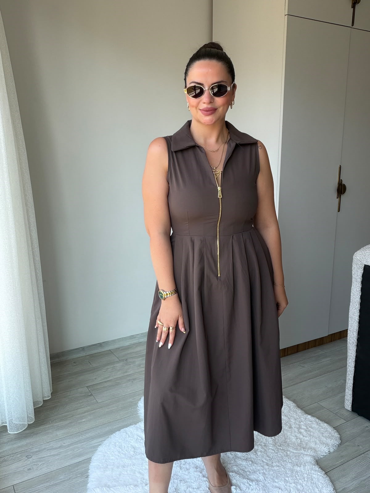 2452 Poplin Fermuarlı Elbise KAHVE