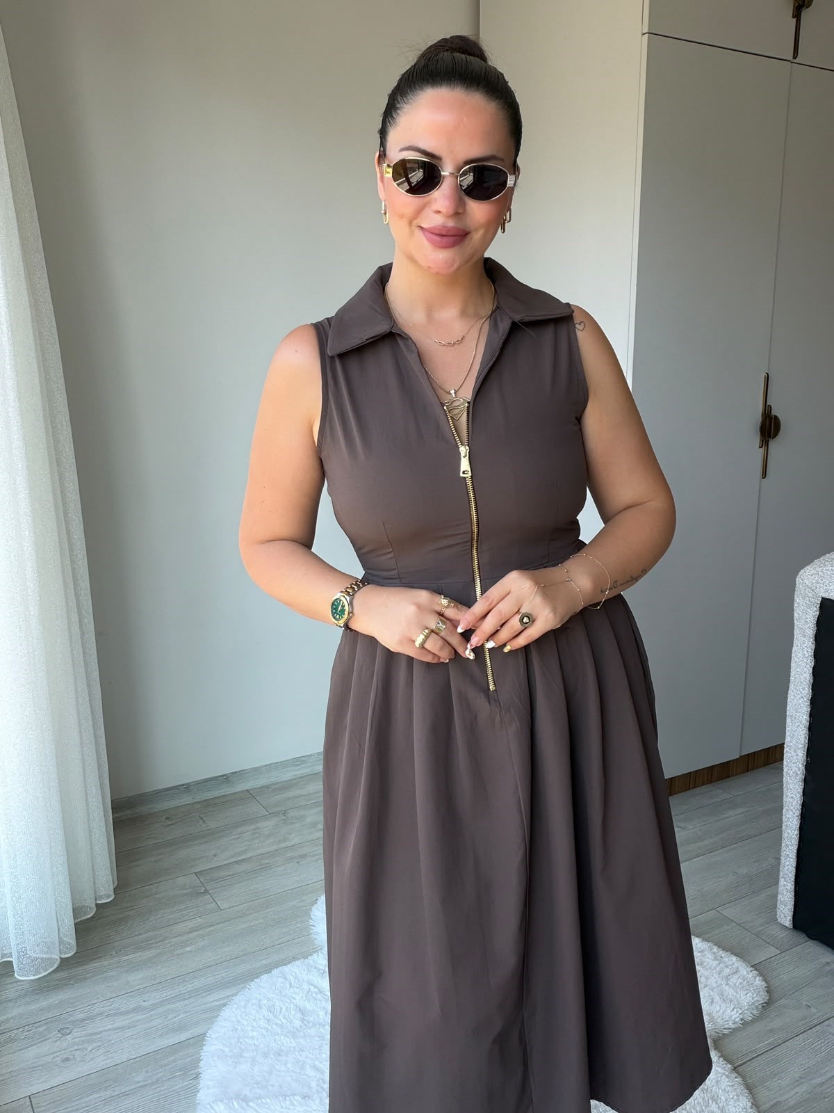 2452 Poplin Fermuarlı Elbise KAHVE