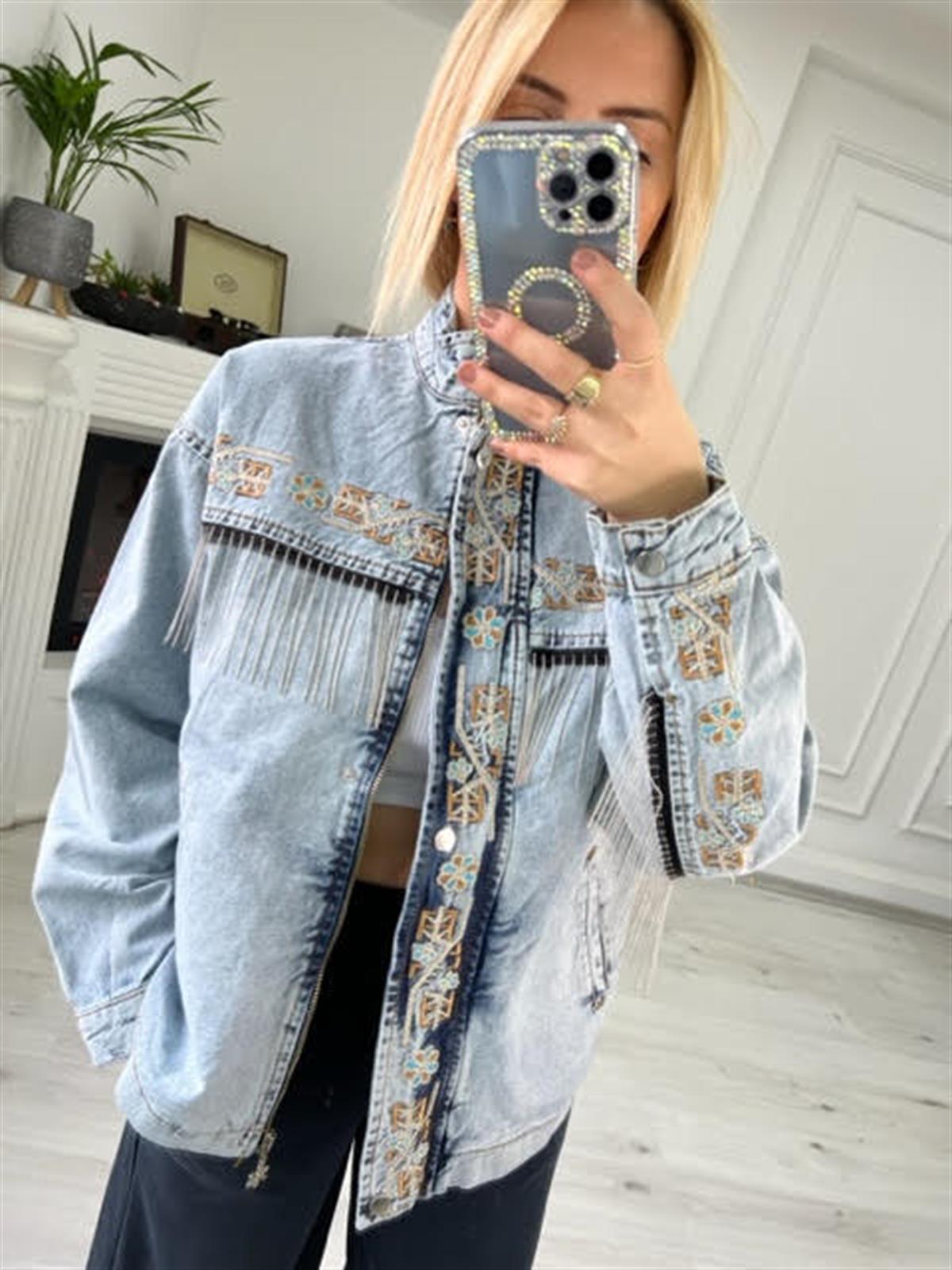 2452 Püsküllü Nakışlı Denim Ceket BUZ MAVİSİ