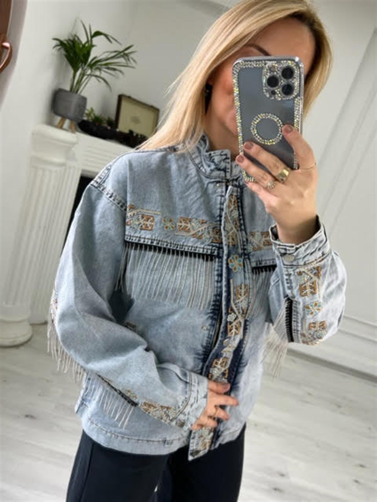 2452 Püsküllü Nakışlı Denim Ceket BUZ MAVİSİ
