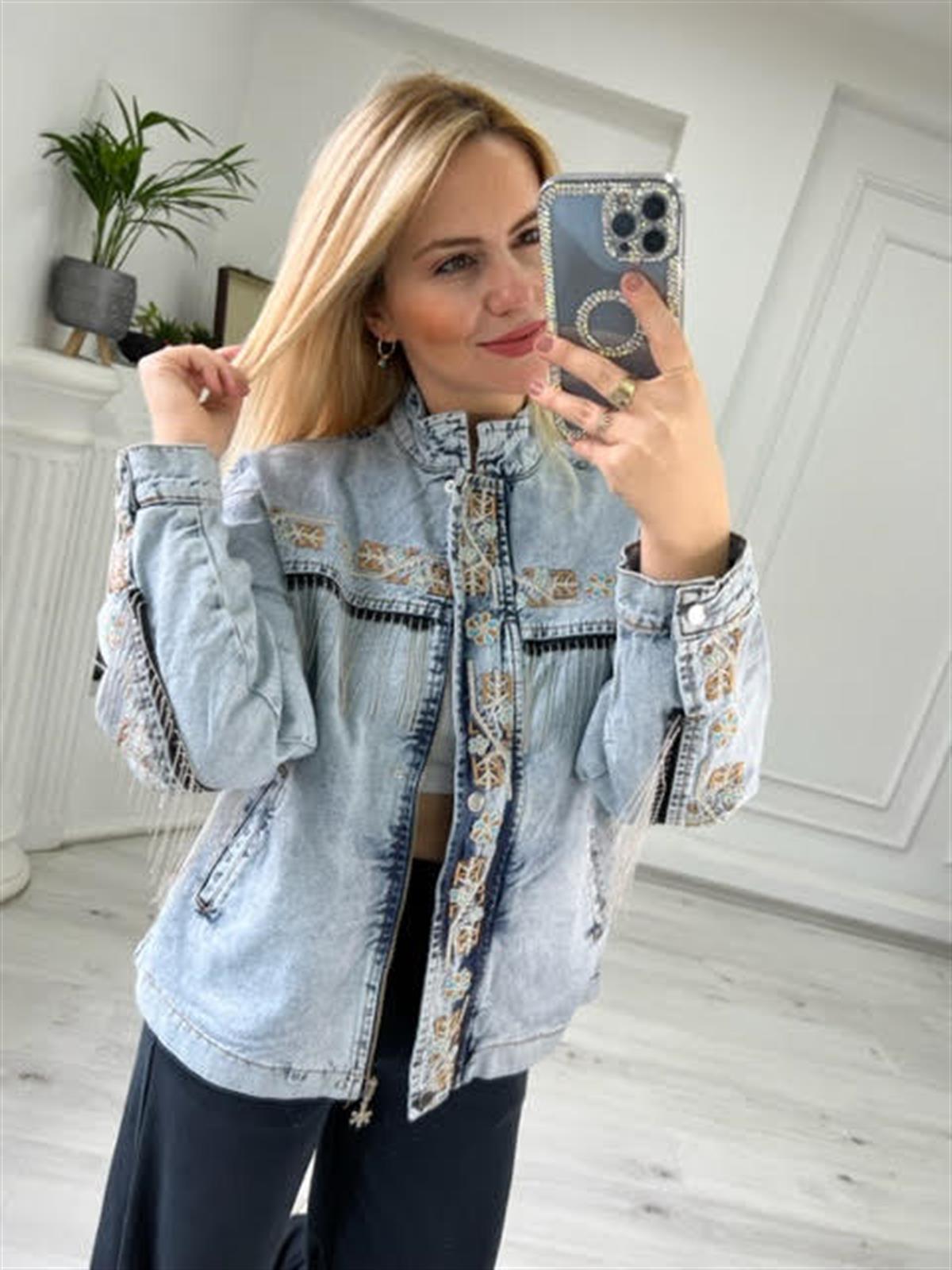 2452 Püsküllü Nakışlı Denim Ceket BUZ MAVİSİ