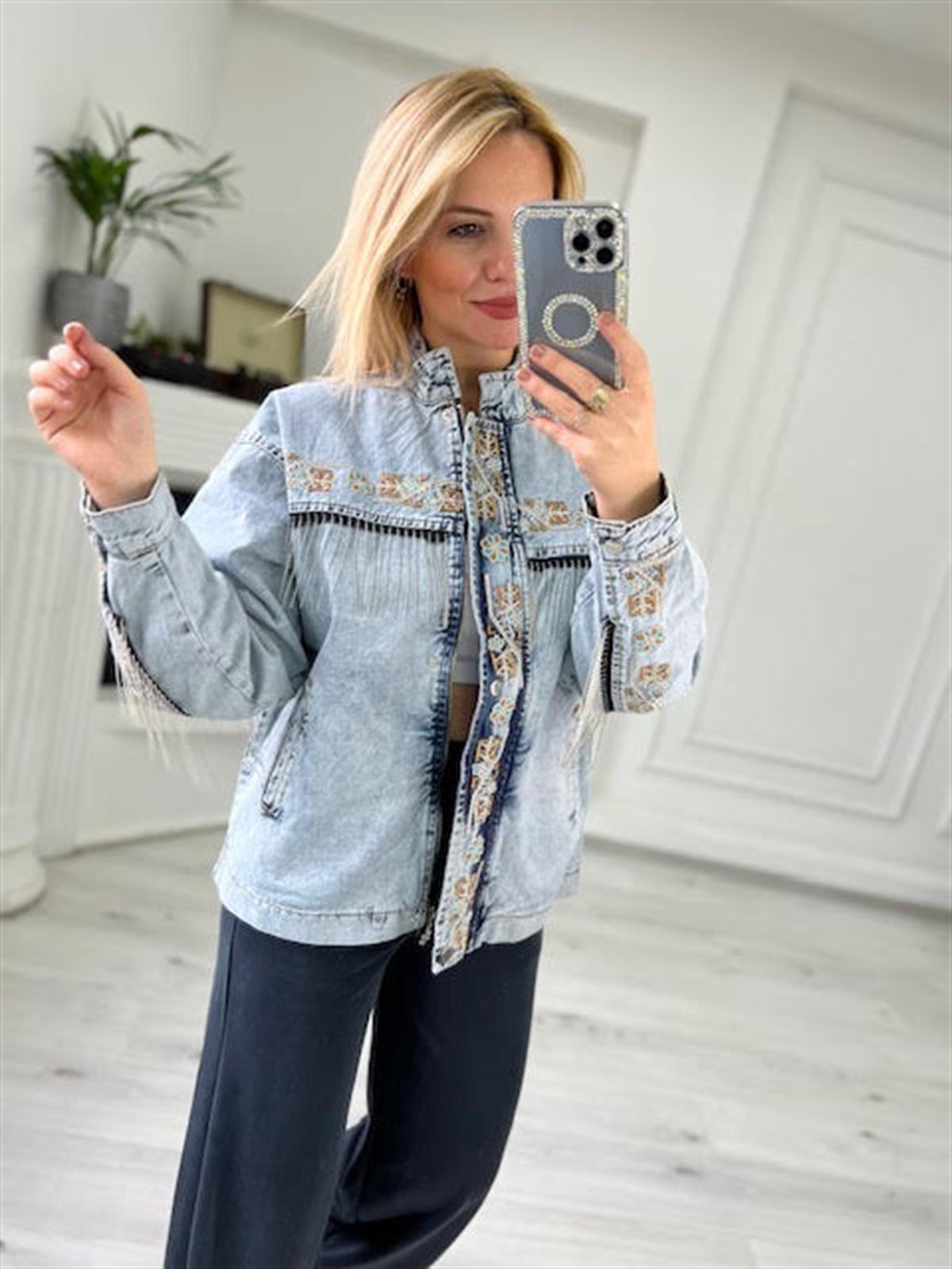 2452 Püsküllü Nakışlı Denim Ceket BUZ MAVİSİ