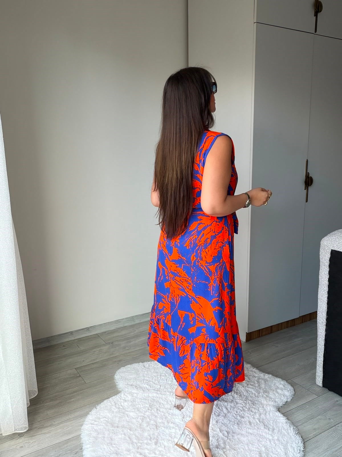 2455 Gömlek Yakalı Sıfır Kol Viskon Elbise TURUNCU