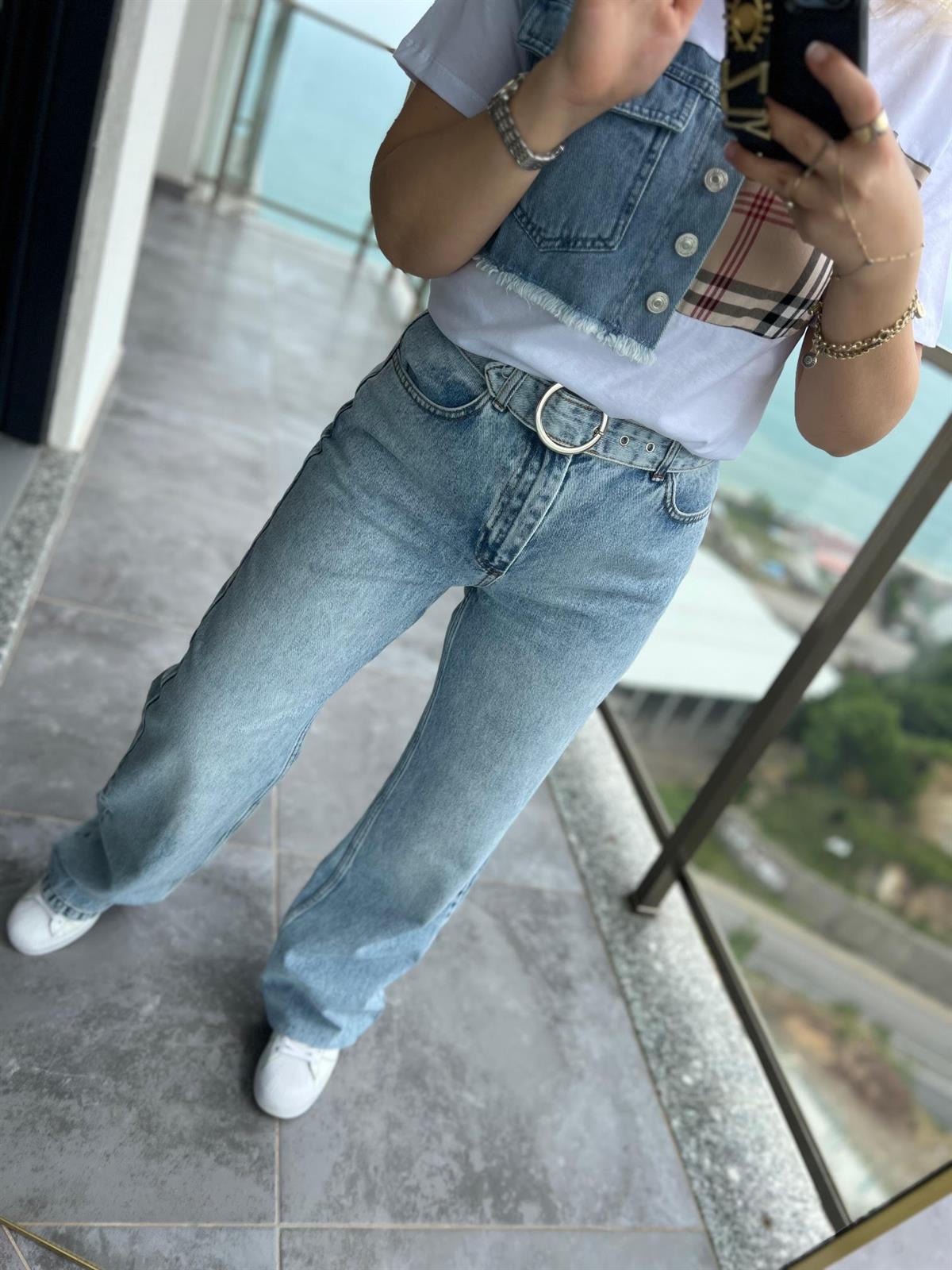 24933 Kendinden Kemerli Wide Pantolon BUZ MAVİSİ