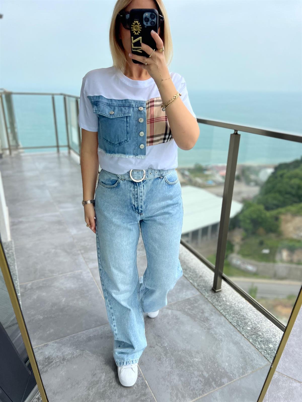 24933 Kendinden Kemerli Wide Pantolon BUZ MAVİSİ