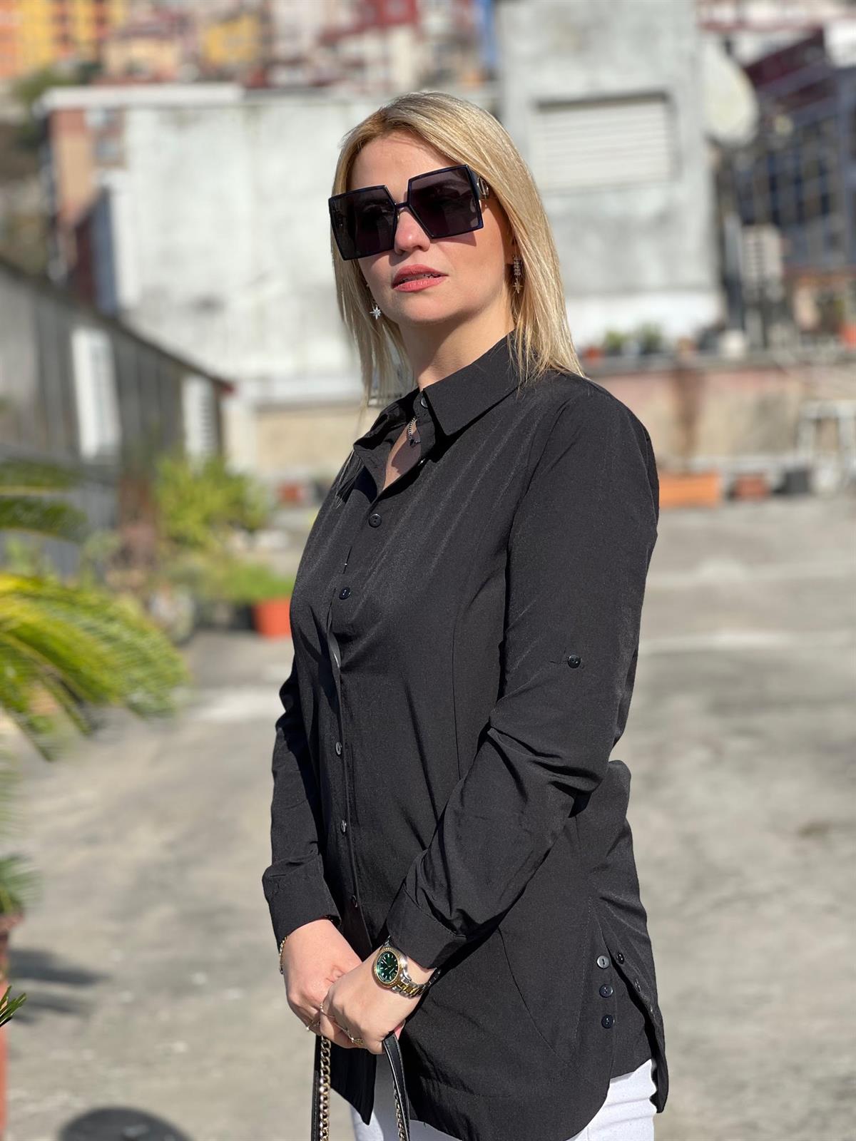 25369 Yandan Düğmeli Poplin Gömlek SİYAH