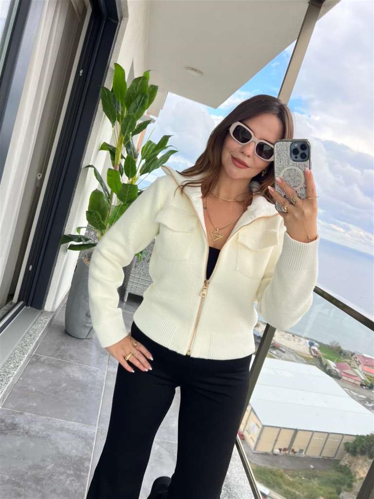 25421 Fermuarlı Triko Ceket EKRU
