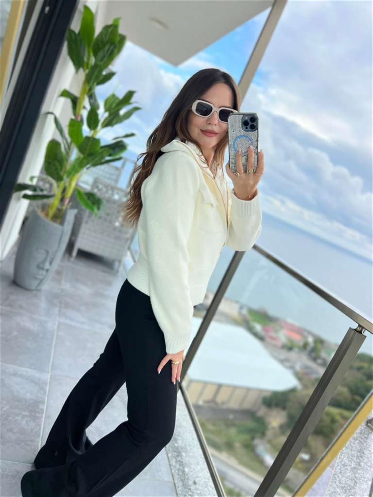 25421 Fermuarlı Triko Ceket EKRU