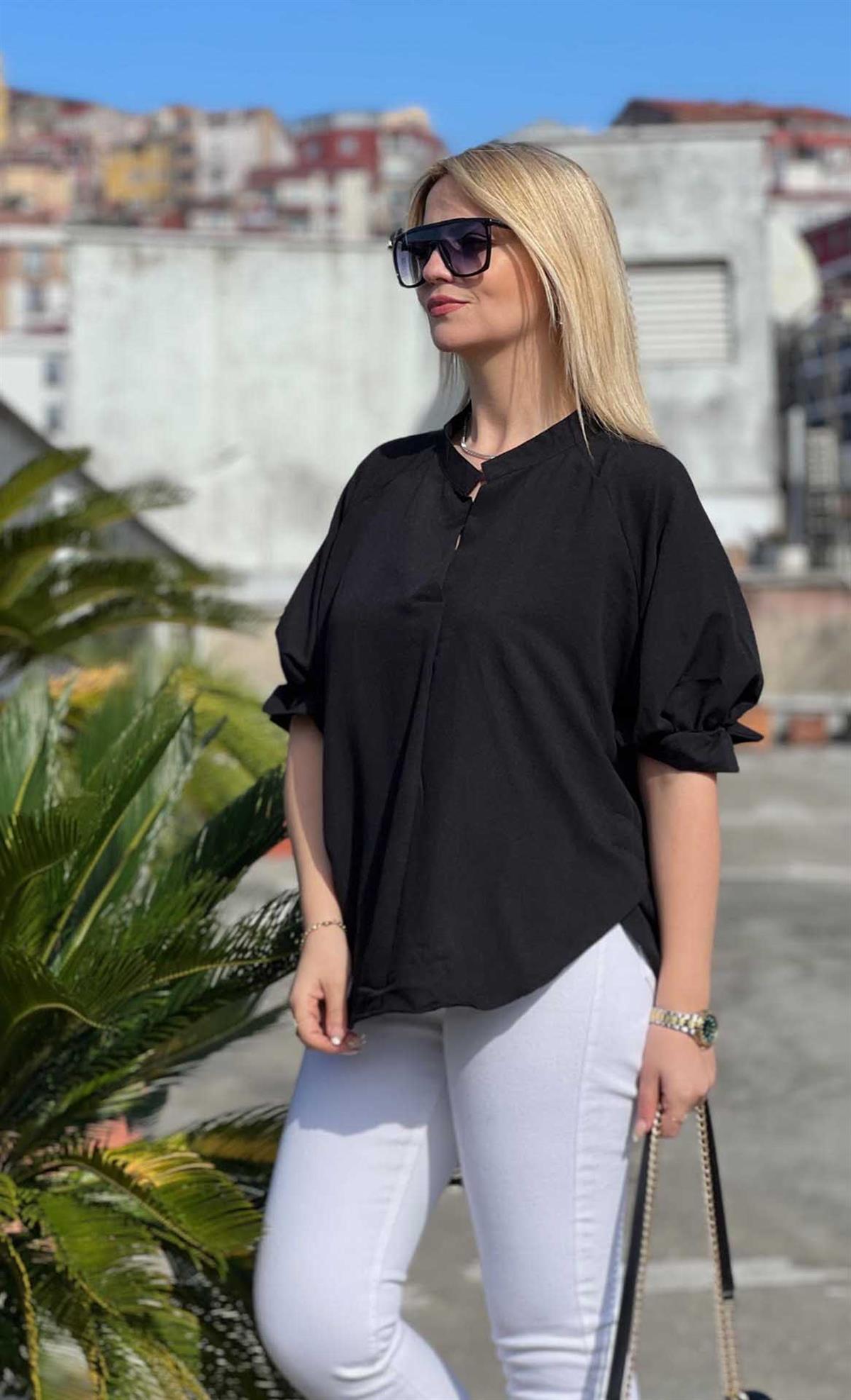 25755 Kolları Lastikli Bluz SİYAH