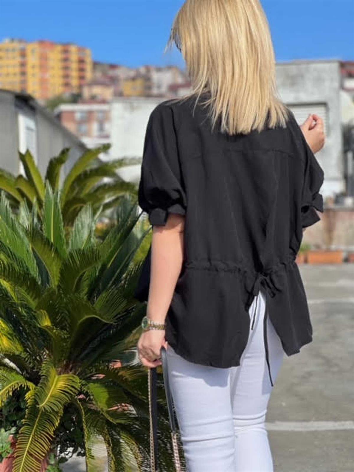 25755 Kolları Lastikli Bluz SİYAH
