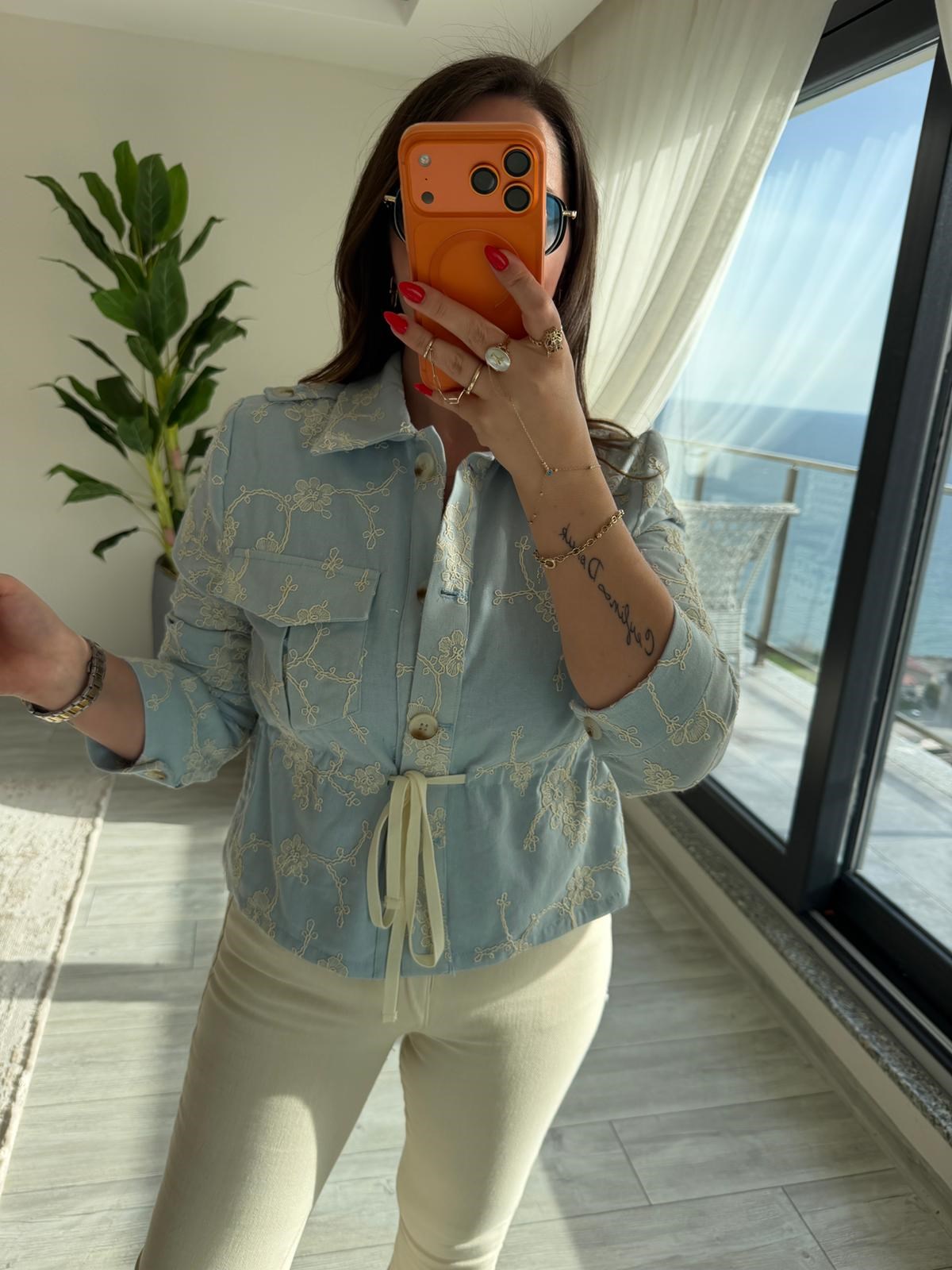2619 Keten Bomber Ceket BEBE MAVİ