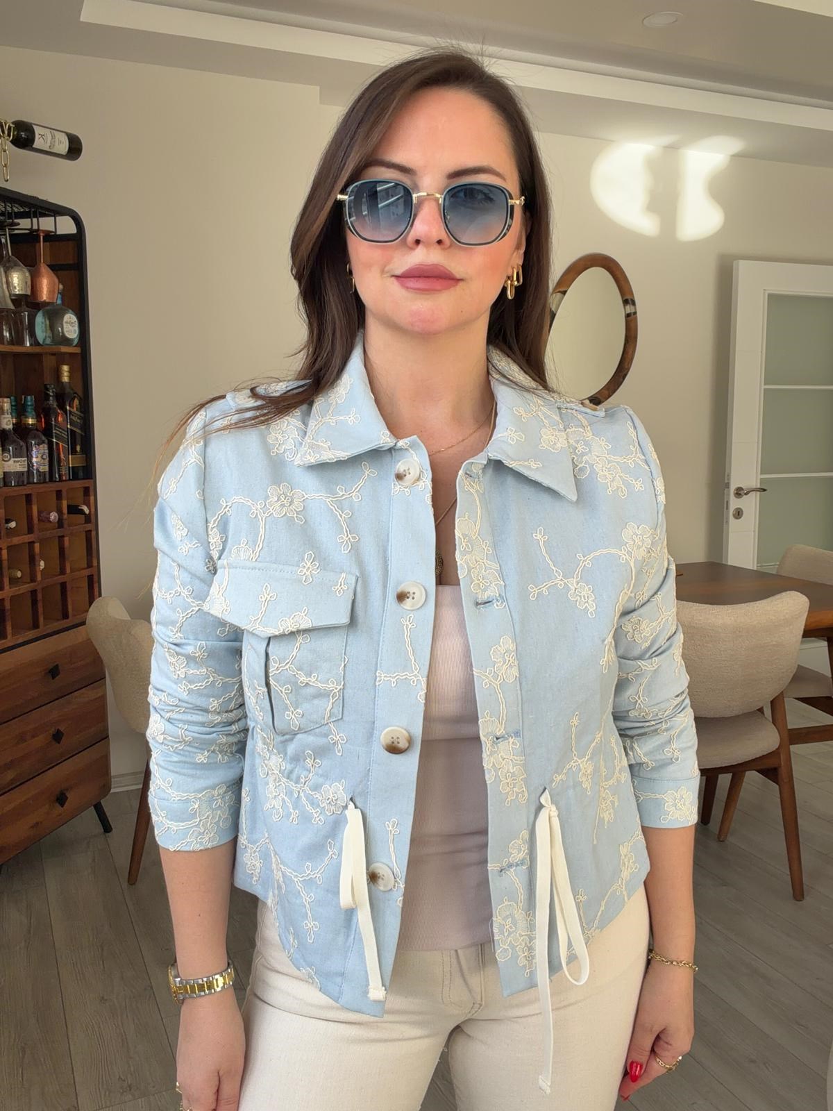 2619 Keten Bomber Ceket BEBE MAVİ