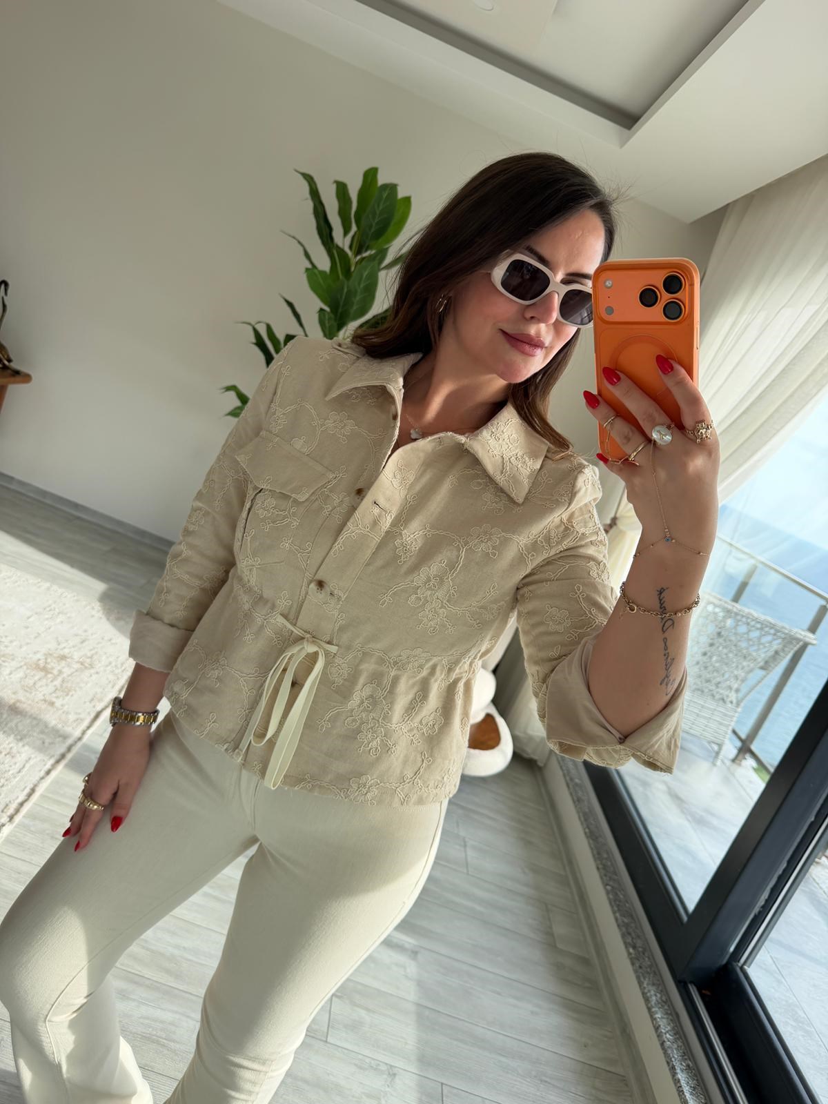 2619 Keten Bomber Ceket EKRU