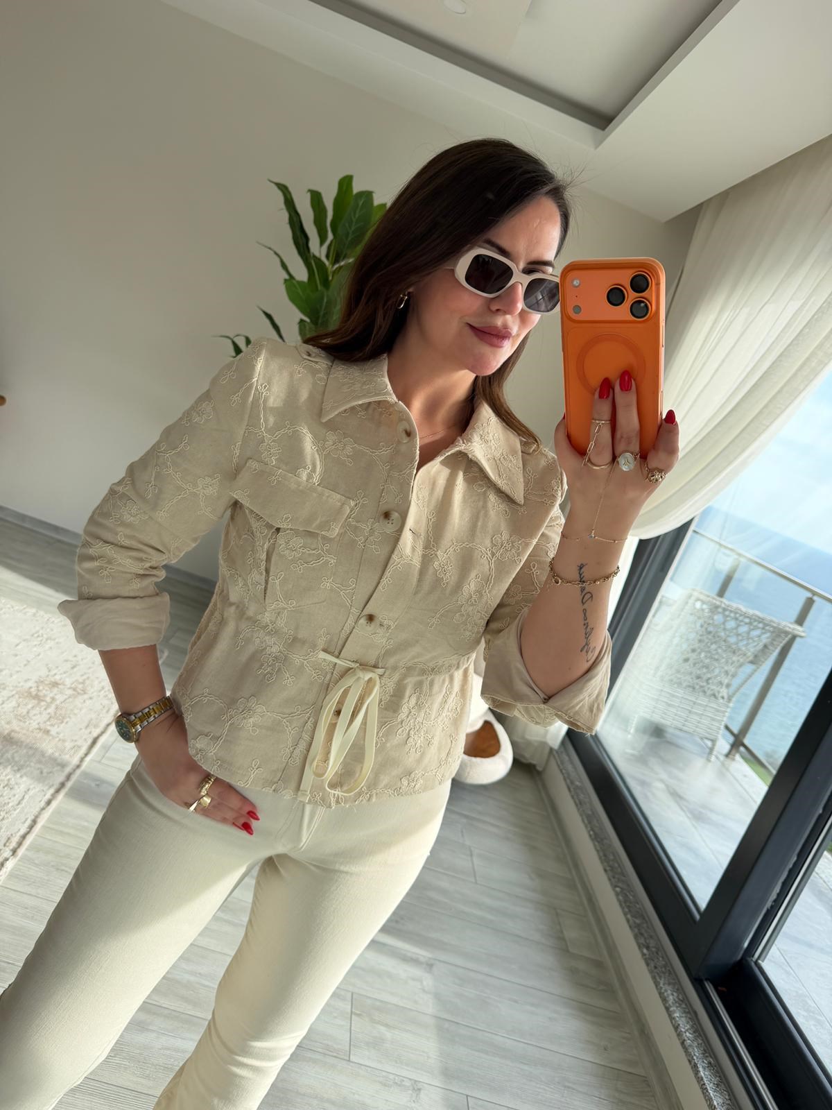 2619 Keten Bomber Ceket EKRU