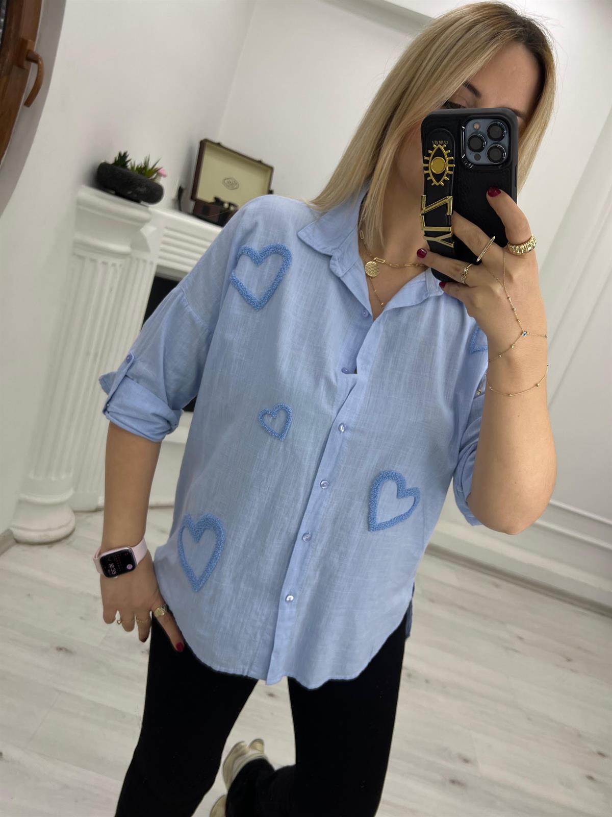2627 Kalp Nakışlı Gömlek MAVİ