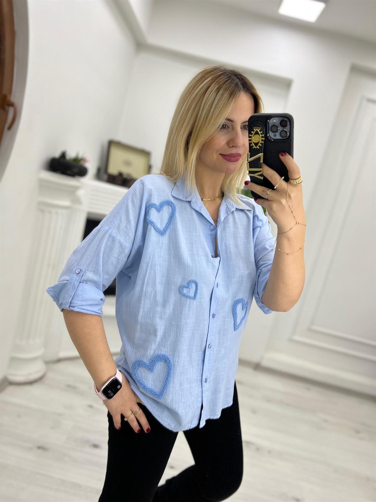 2627 Kalp Nakışlı Gömlek MAVİ