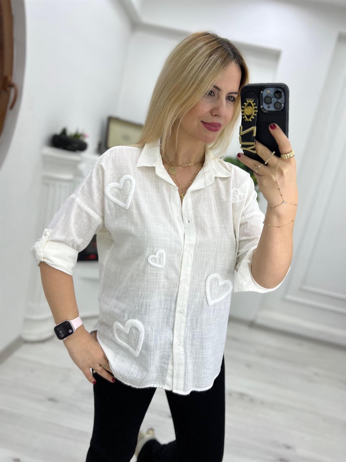 2627 Kalp Nakışlı Gömlek EKRU