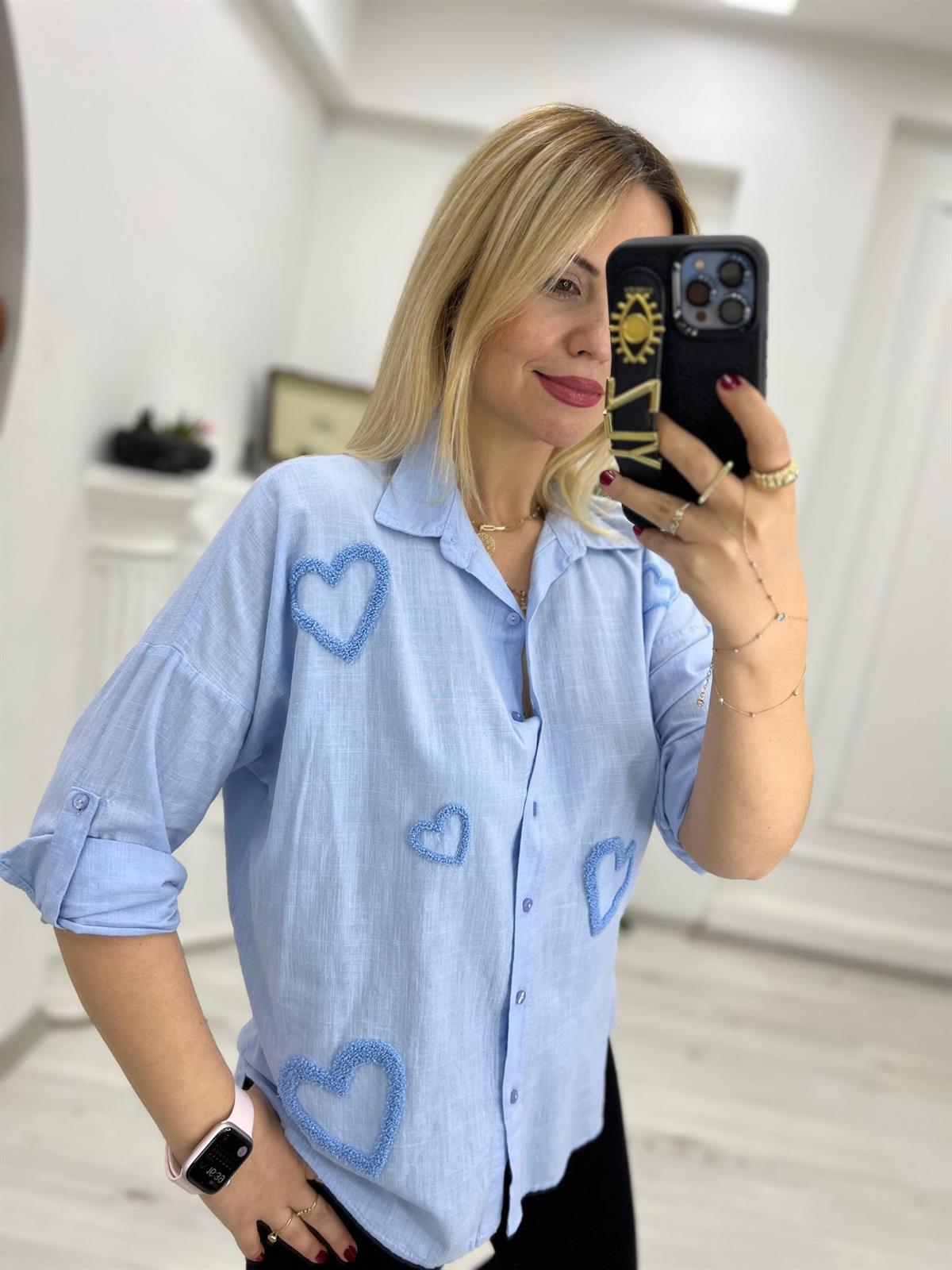 2627 Kalp Nakışlı Gömlek MAVİ