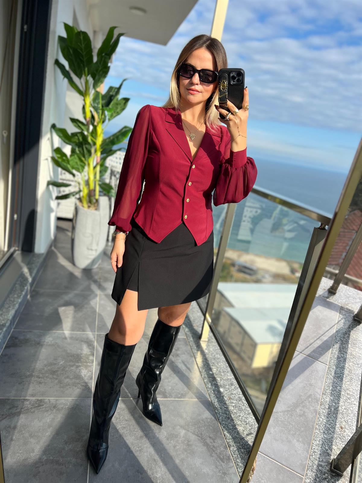 2643 Uzun Kollu Bluz BORDO
