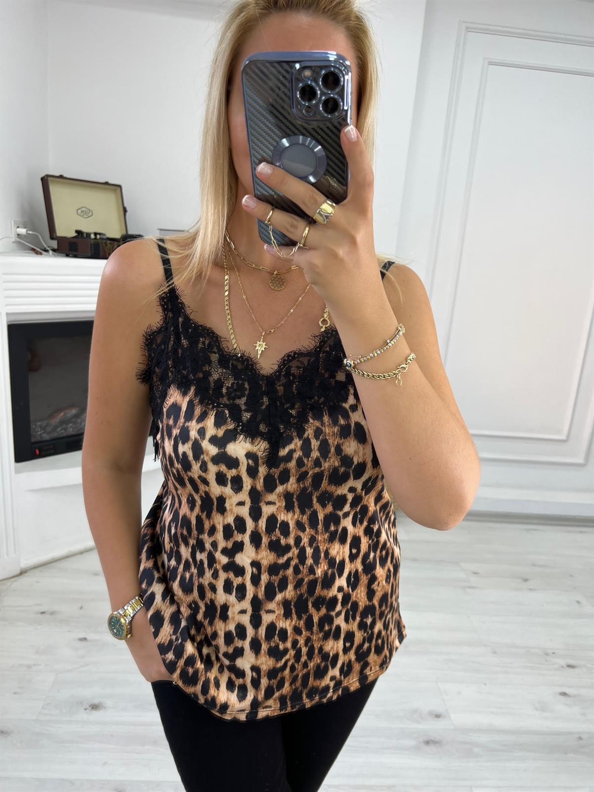 267300 Dantelli Askılı Bluz LEOPAR
