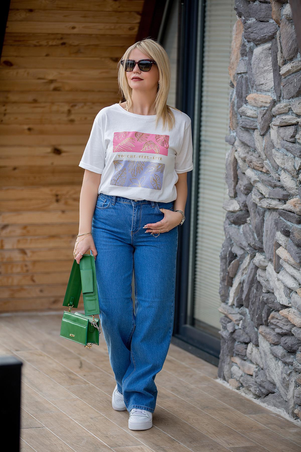 27072 Sıfır Yaka Önü Yaprak Desen Tshirt BEYAZ