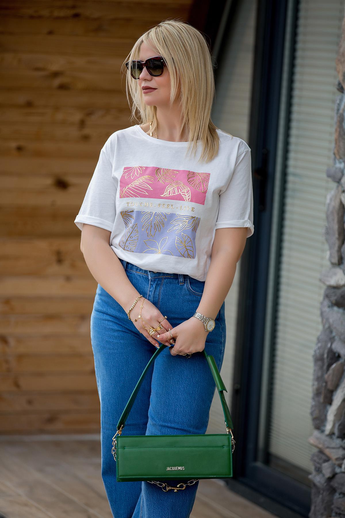 27072 Sıfır Yaka Önü Yaprak Desen Tshirt BEYAZ