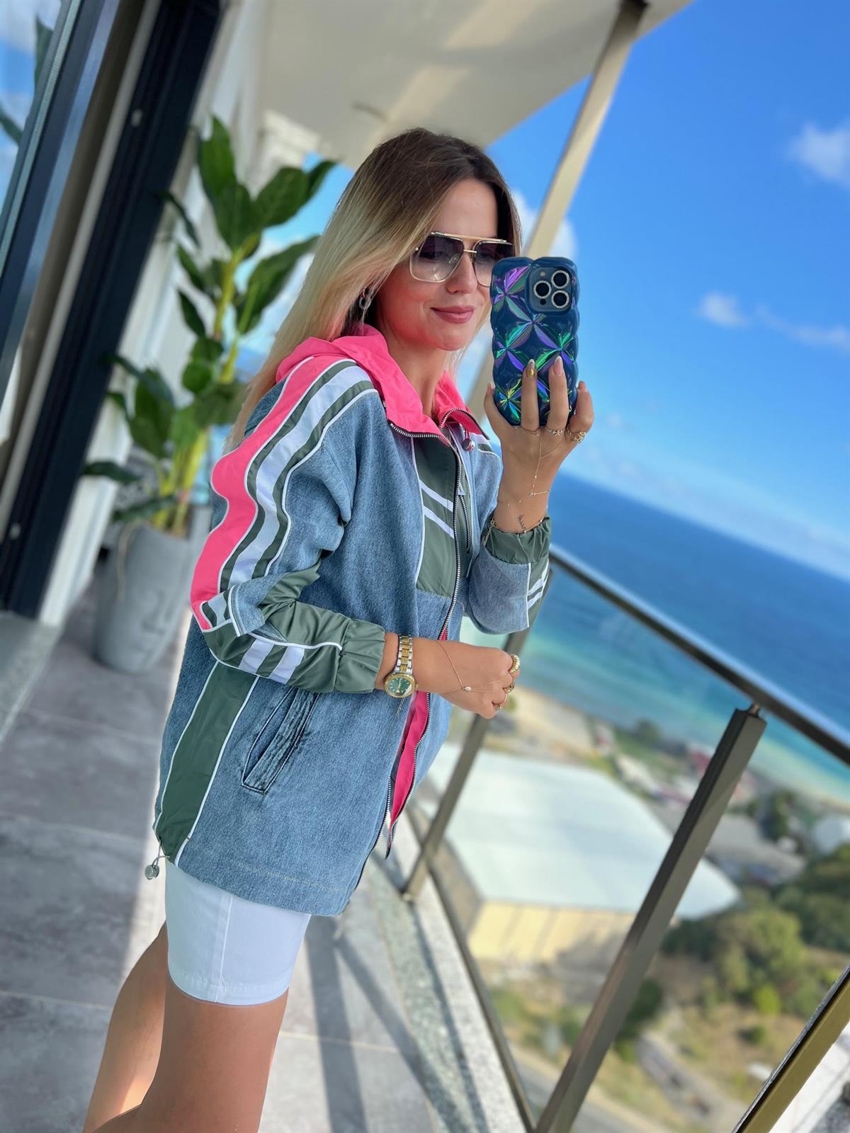2717 Şeritli Mix Ceket PEMBE