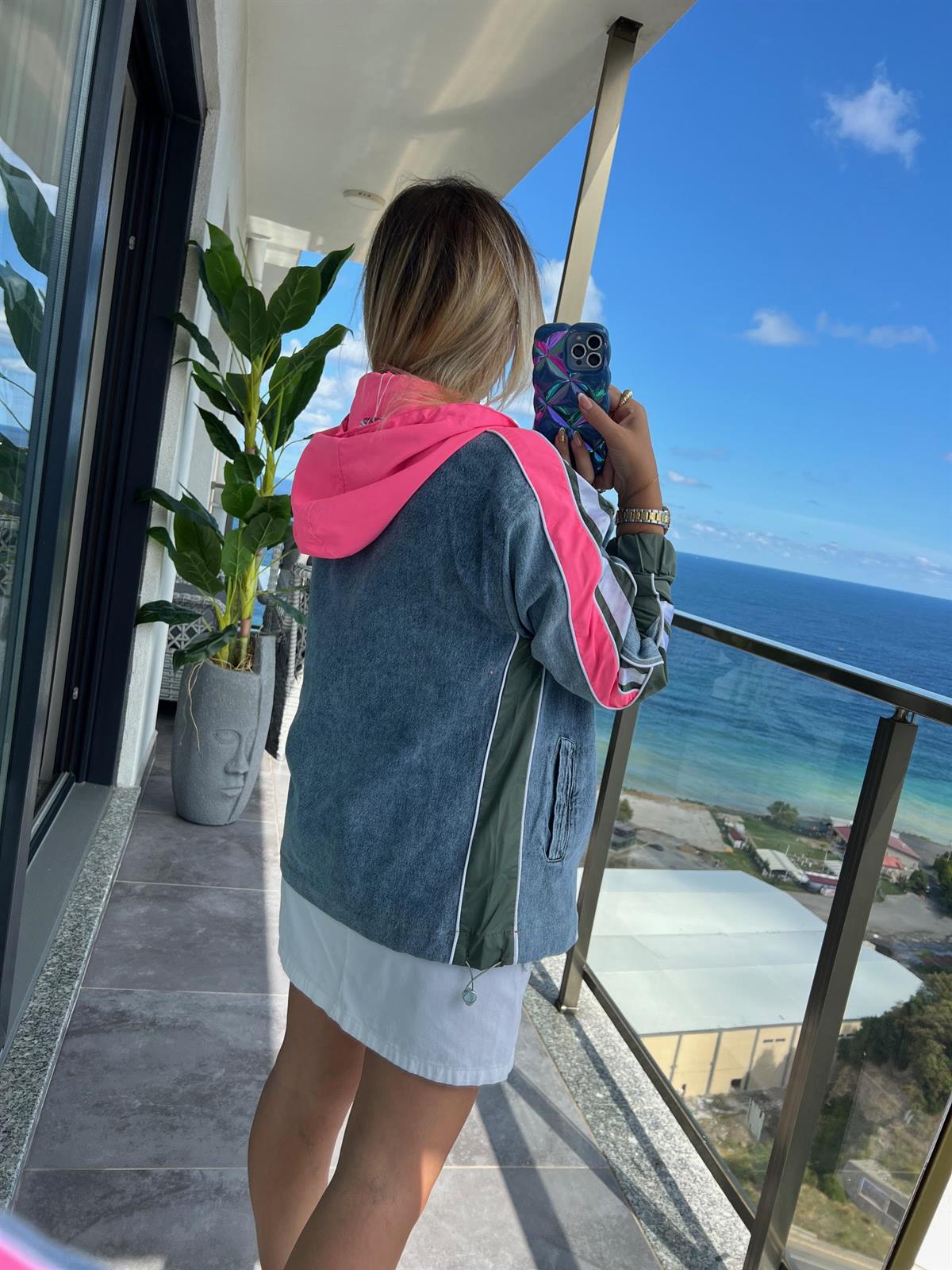 2717 Şeritli Mix Ceket PEMBE