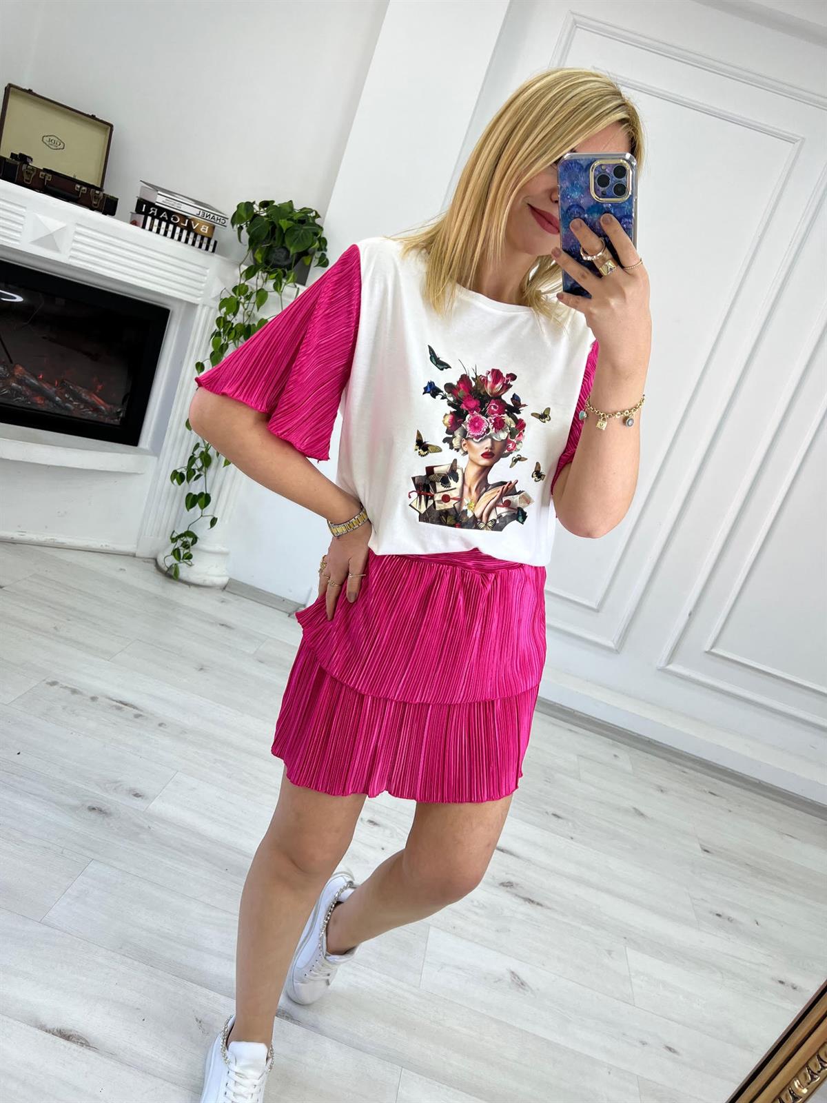 27497 Krinkıl Saten Mini Etek FUŞYA