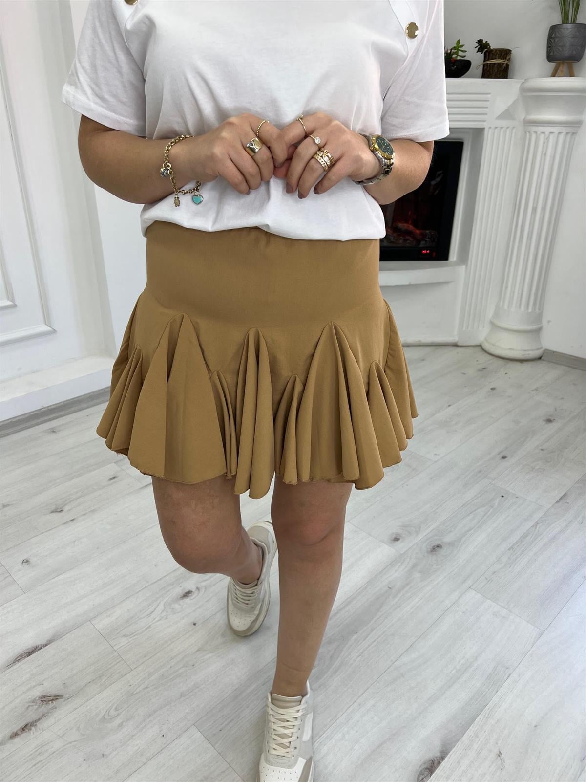 27501 Mini Volanlı Etek BEJ
