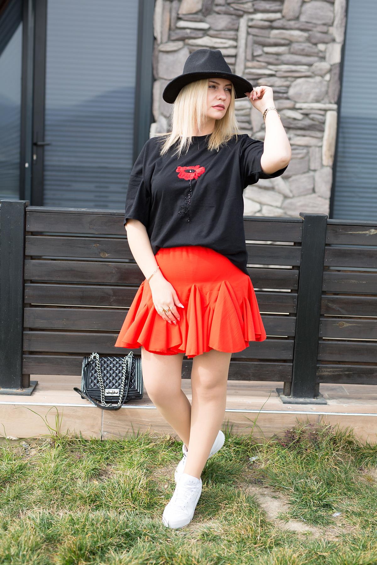 27501 Mini Volanlı Etek NAR ÇİÇEĞİ