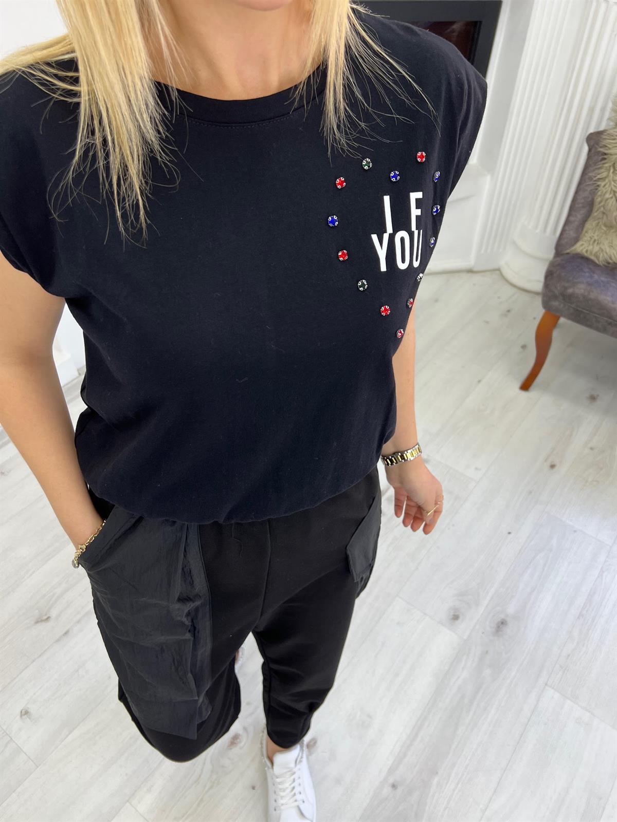 27506 Taş Detaylı Tshirt SİYAH
