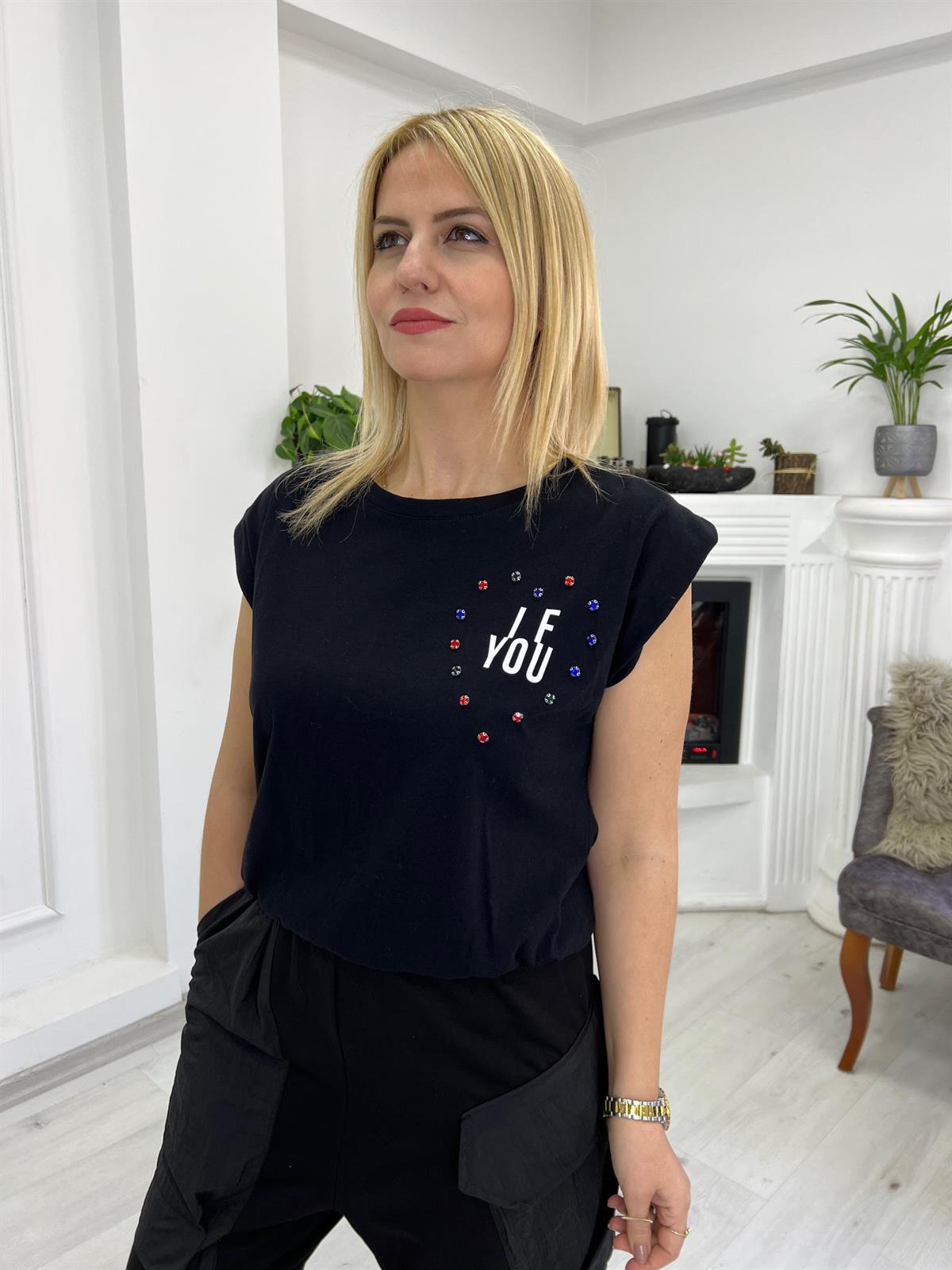 27506 Taş Detaylı Tshirt SİYAH