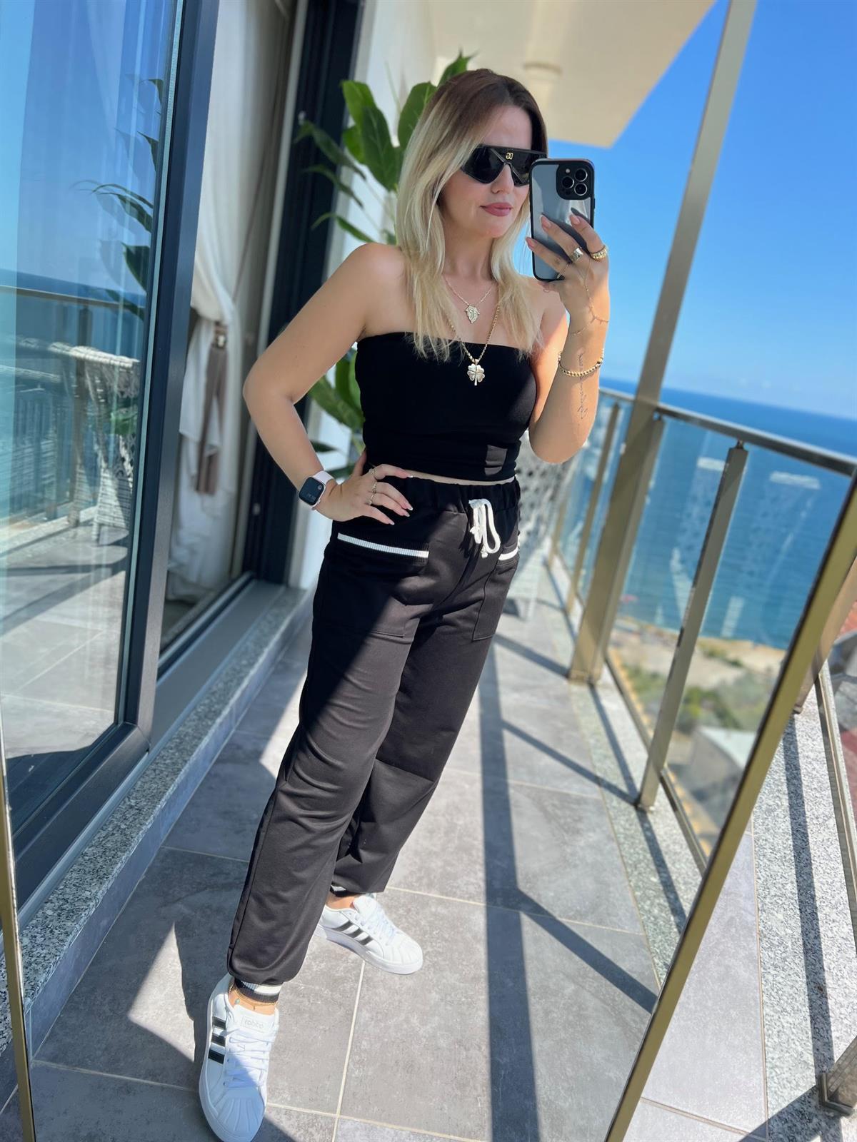 27620 Cebi Paçası Triko Detay Pantolon SİYAH