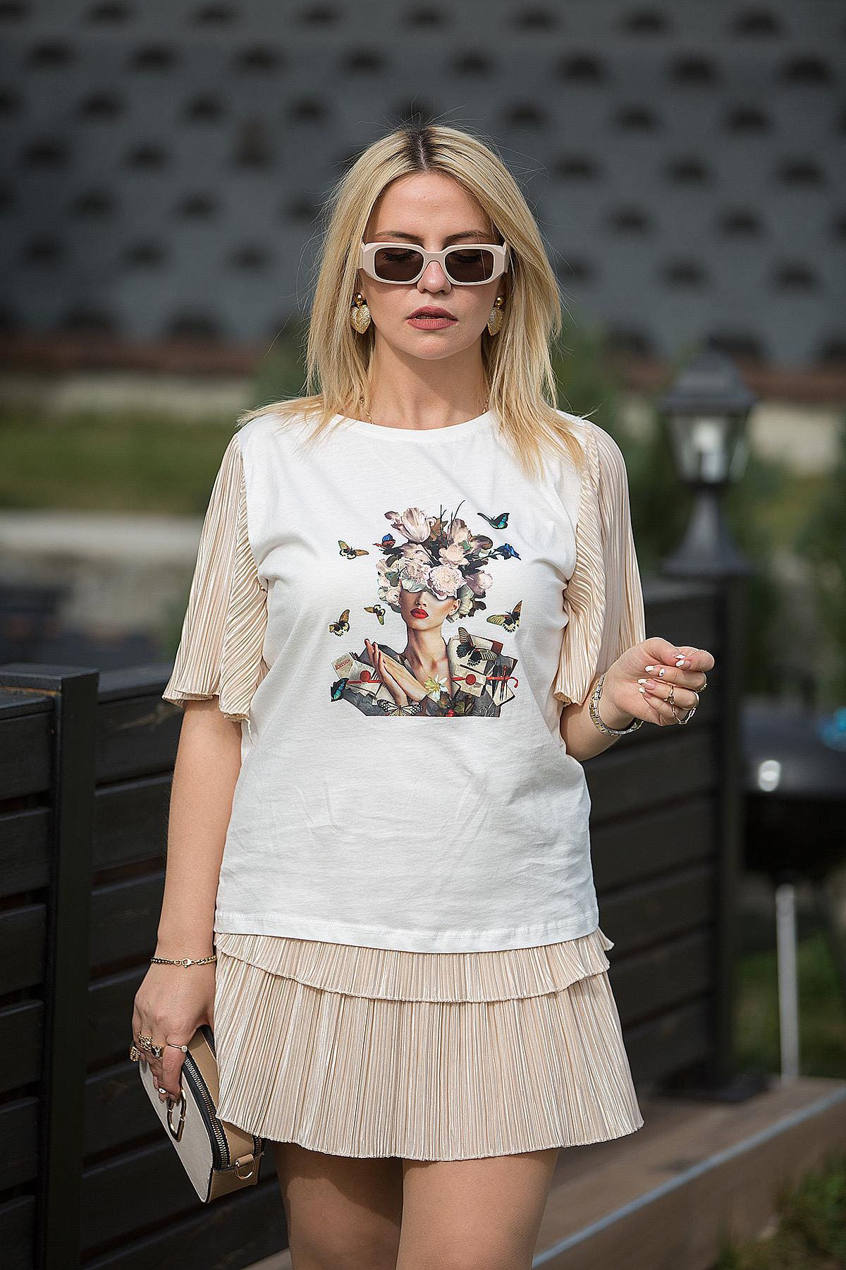 27646 Kolları Krinkıl Detay Tshirt BEJ